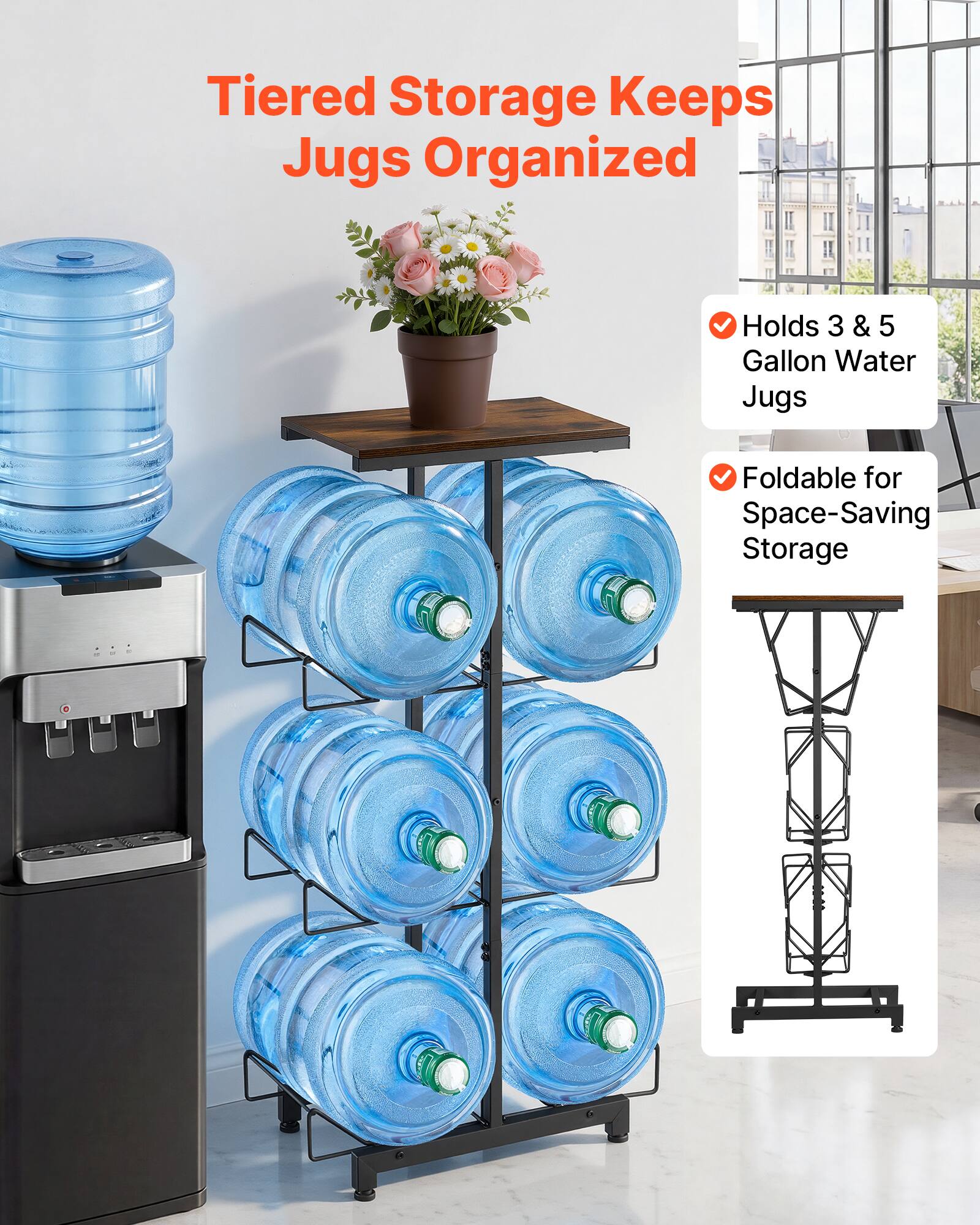 Tiered Storage Keeps Jugs Organized  
Holds 3 & 5 Gallon Water Jugs  
Foldable for Space-Saving Storage