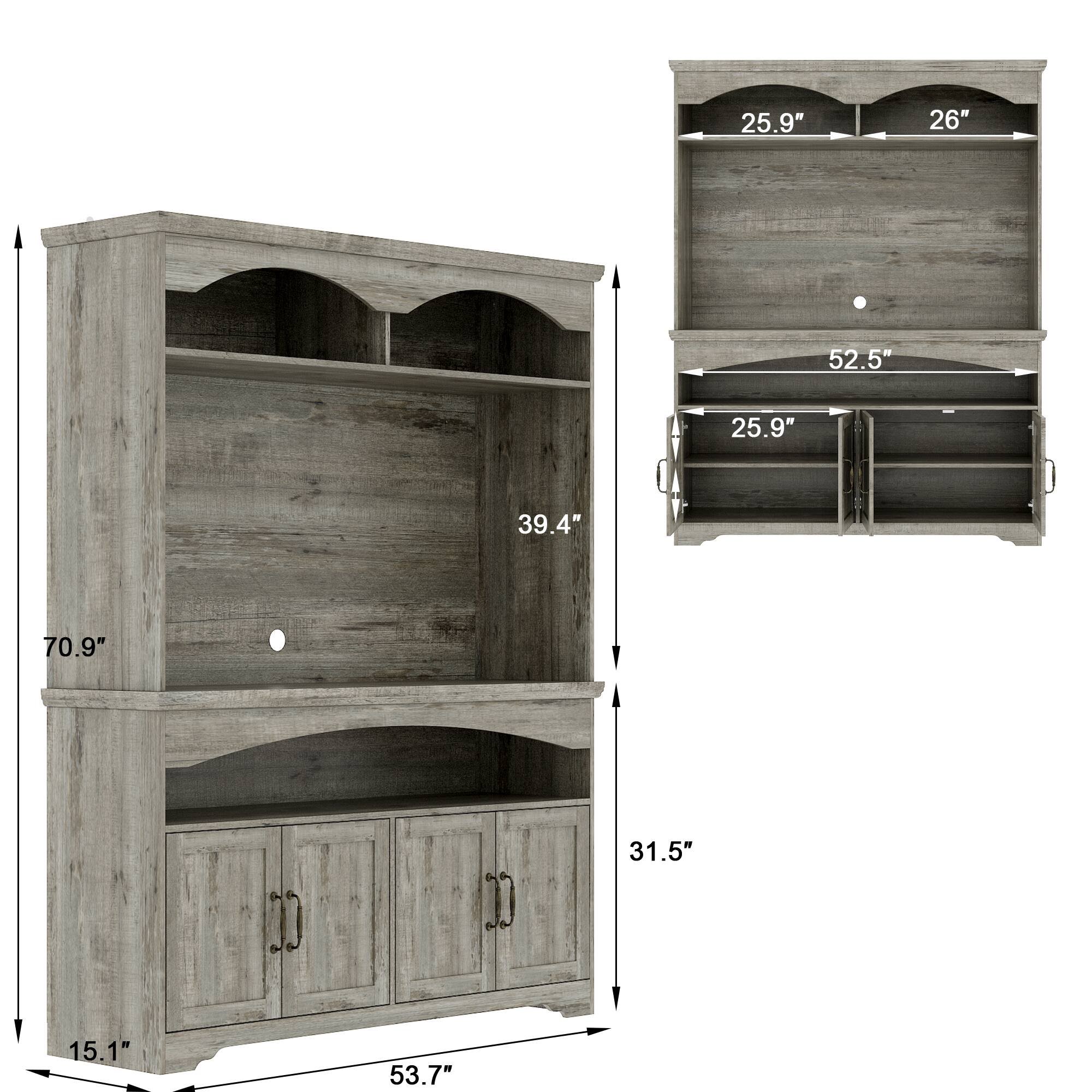 - Height: 70.9"
- Width: 53.7"
- Depth: 31.5"
- Top Shelf Height: 39.4"
- Middle Shelf Height: 52.5"
- Bottom Shelf Height: 25.9"
- Cabinet Height: 15.1"
- Top Shelf Width: 25.9"
- Middle Shelf Width: 26"