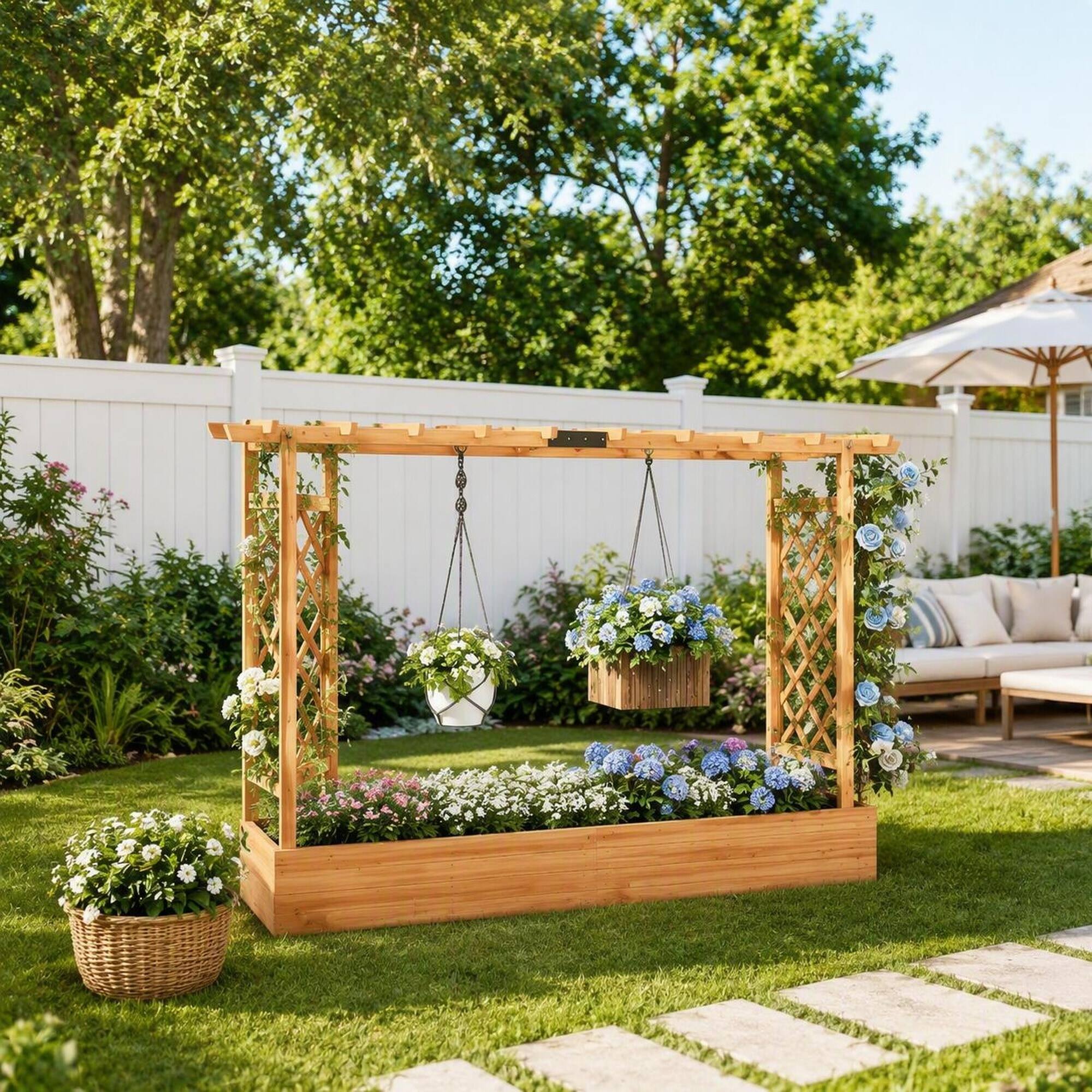 Back. RYHNUYNE - Wooden Raised Garden Bed with Arched Trellis, Fir Wood Planter Box for Climbing Plants, Large 68.9x15.4 Inch - Natural Wood.