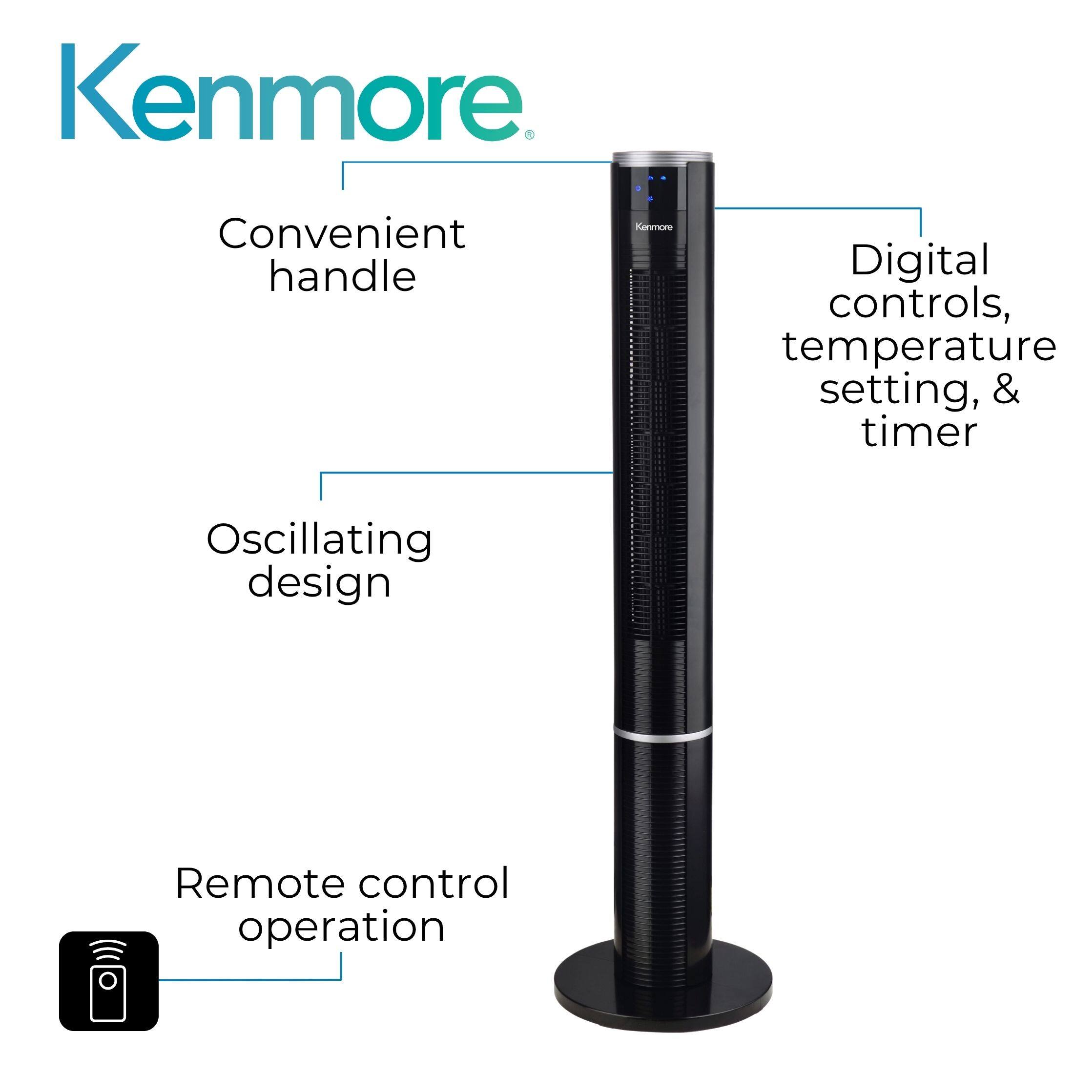 Kenmore  
Convenient handle  
Oscillating design  
Digital controls, temperature setting, & timer  
Remote control operation