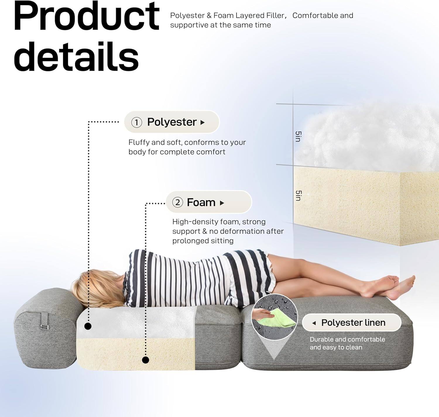 Product Polyester & Foam Layered Filler, Comfortable and supportive at the same time

1. Polyester
   - Fluffy and soft, conforms to your body for complete comfort

2. Foam
   - High-density foam, strong support & no deformation after prolonged sitting

Polyester linen
- Durable and comfortable and easy to clean