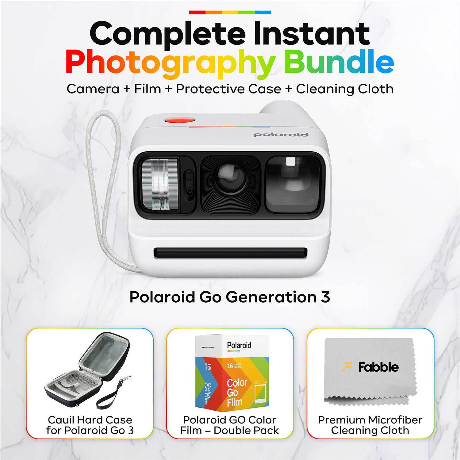 Complete Instant Photography Bundle Camera + Film + Protective Case + Cleaning Cloth

Polaroid Go Generation 3

Cauli Hard Case for Polaroid Go 3

Polaroid GO Color Film - Double Pack

Premium Microfiber Cleaning Cloth
