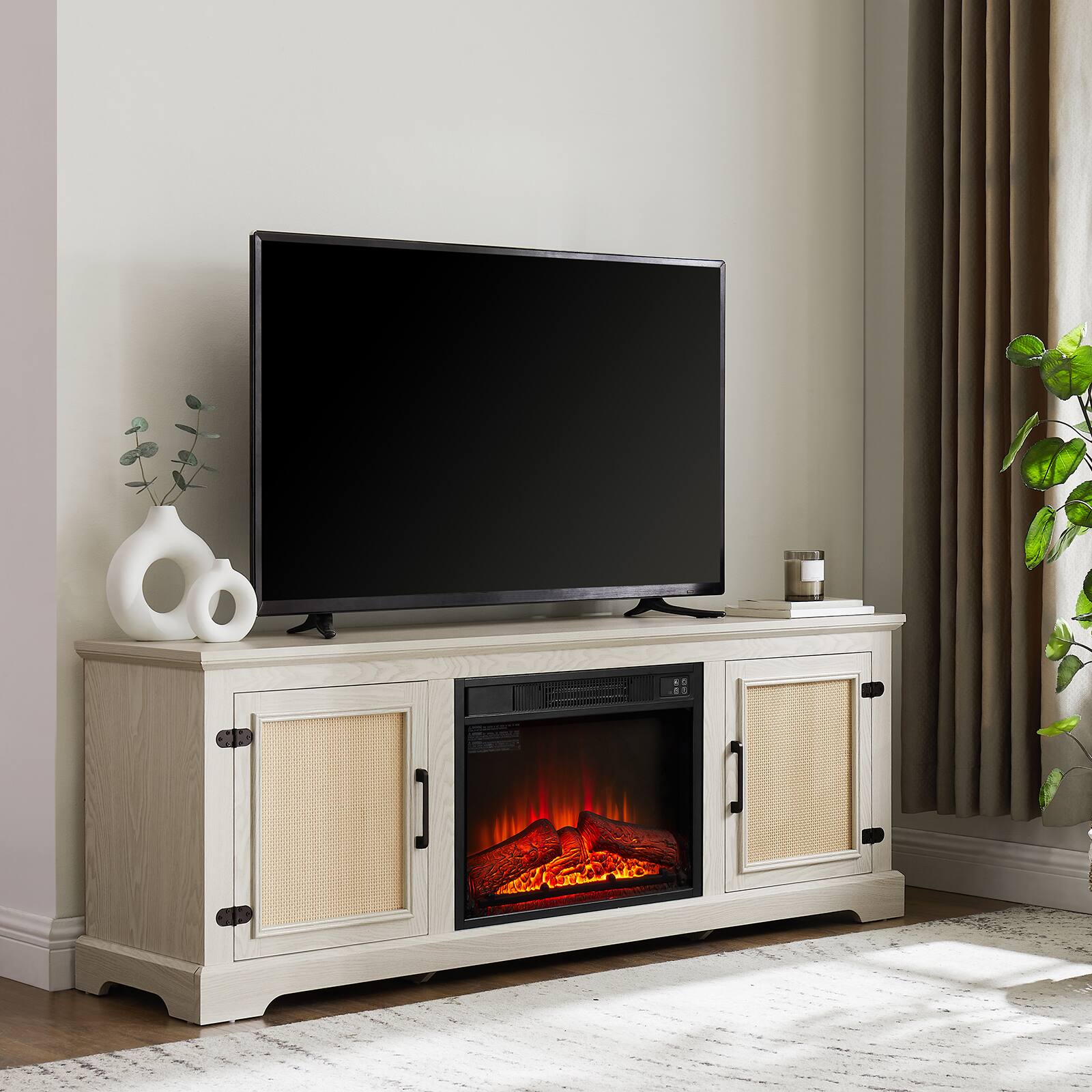Alt View 5. Chateau Abodes - 65" Farmhouse TV Stand with Natural Rattan Doors, Adjustable Wood Shelf & 23" Fireplace Insert for up to 70" TVs - White.