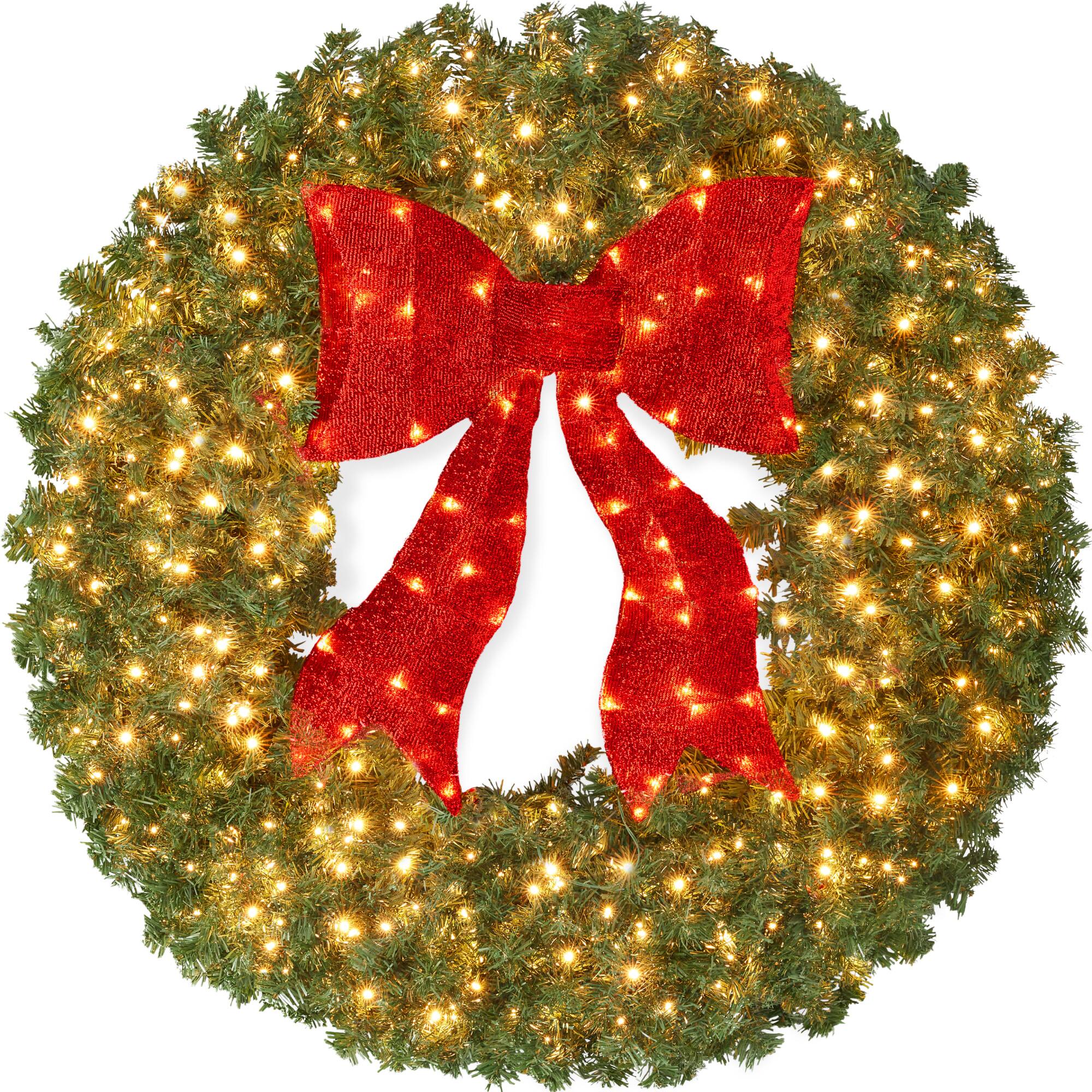 Front. Best Choice Products - Best Choice Products 60in Artificial Pre-Lit Fir Christmas Wreath Decor w/ Red Bow, 375 LED Lights, 930 Tips, Plug-In - Green Spruce.