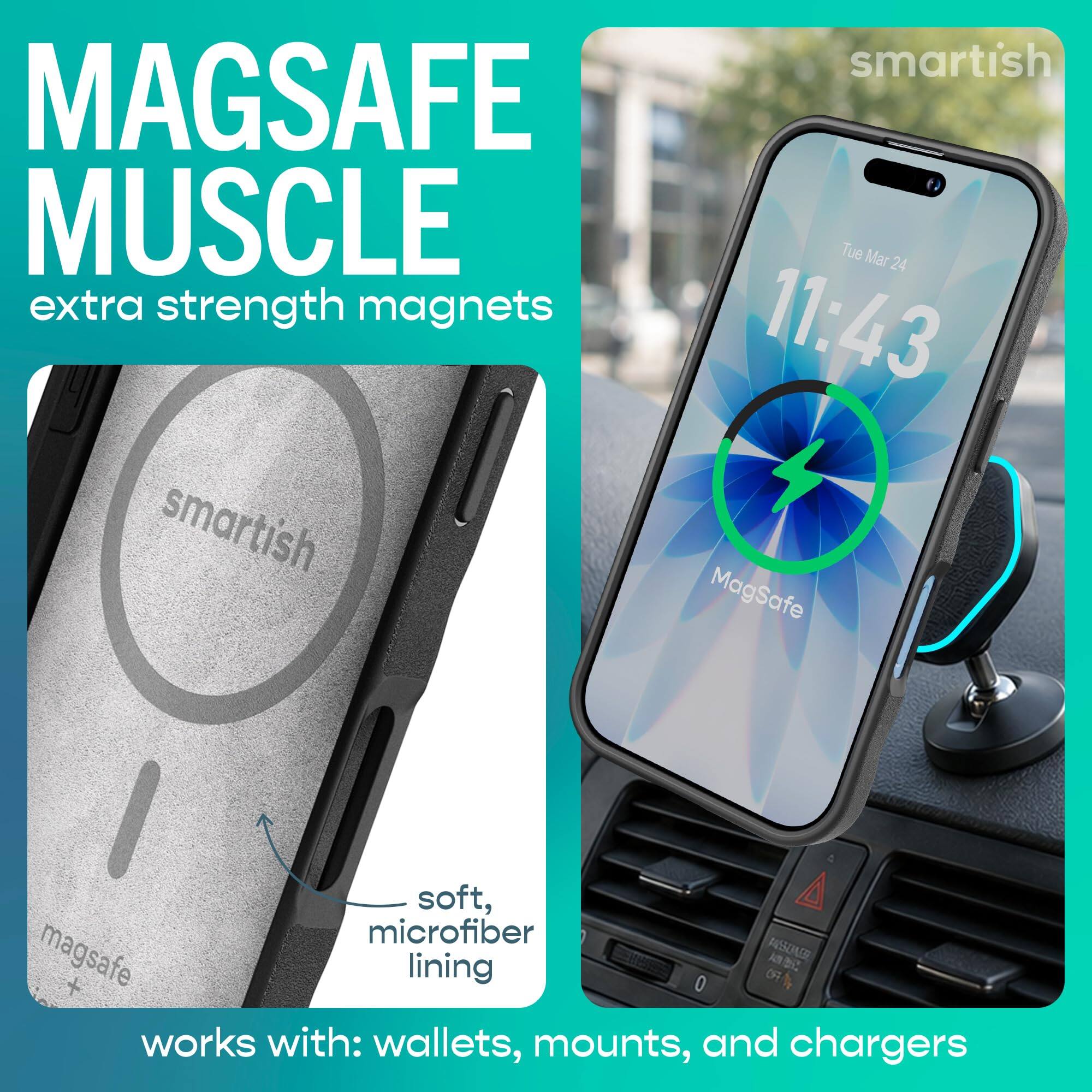 MAGSAFE MUSCLE  
extra strength magnets  

smartish MAGSAFE  

soft, microfiber magsafe lining  
works with: wallets, mounts, and chargers