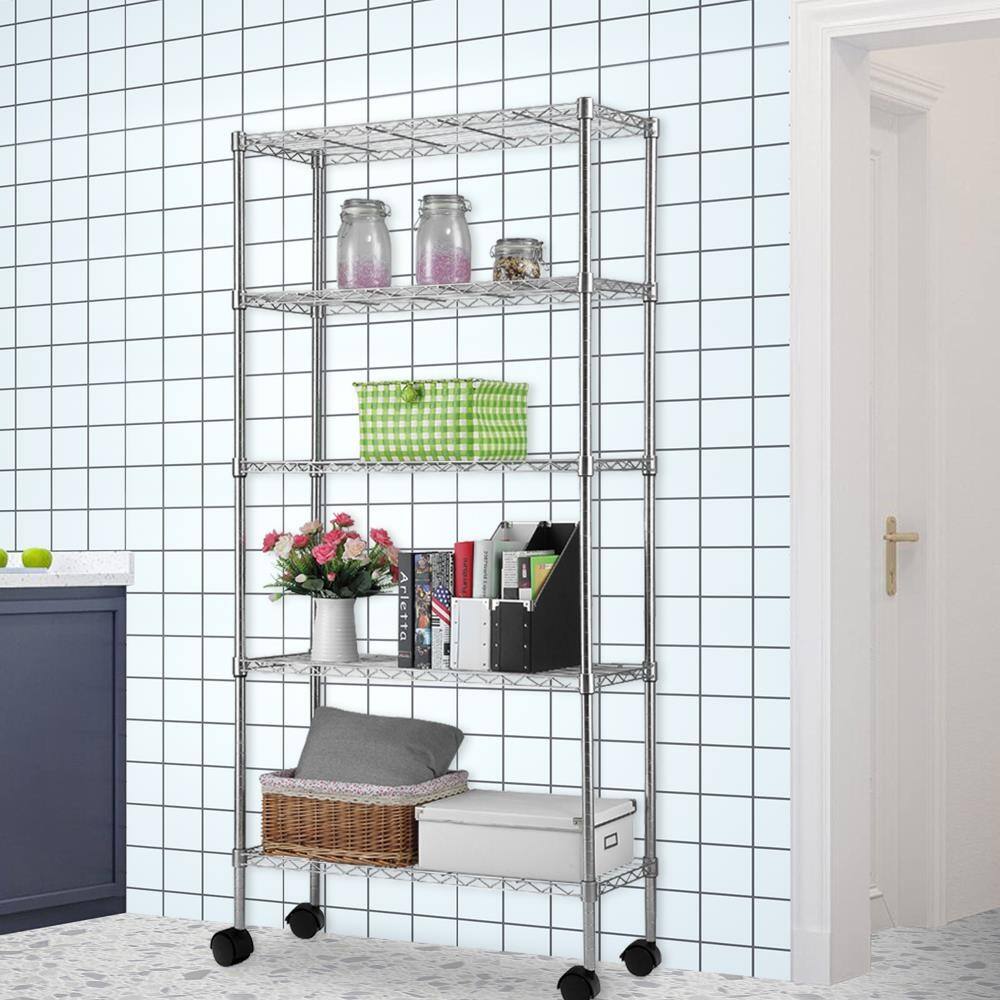 Alt View 5. Winado - 65" x 36" x 14" 5 Tier Commercial NSF Heavy Duty Storage Shelf Adjustable Wire Metal Shelving Rack Unit w/Rolling Wheels - Silver.
