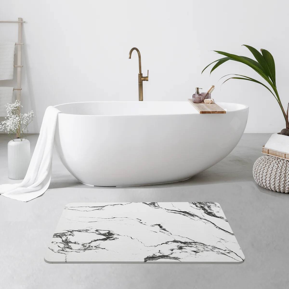Alt View 1. J&V TEXTILES - 24'' x 15'' Diatomaceous Quick-Drying Stone Bath Mat - WHITE MARBLE.