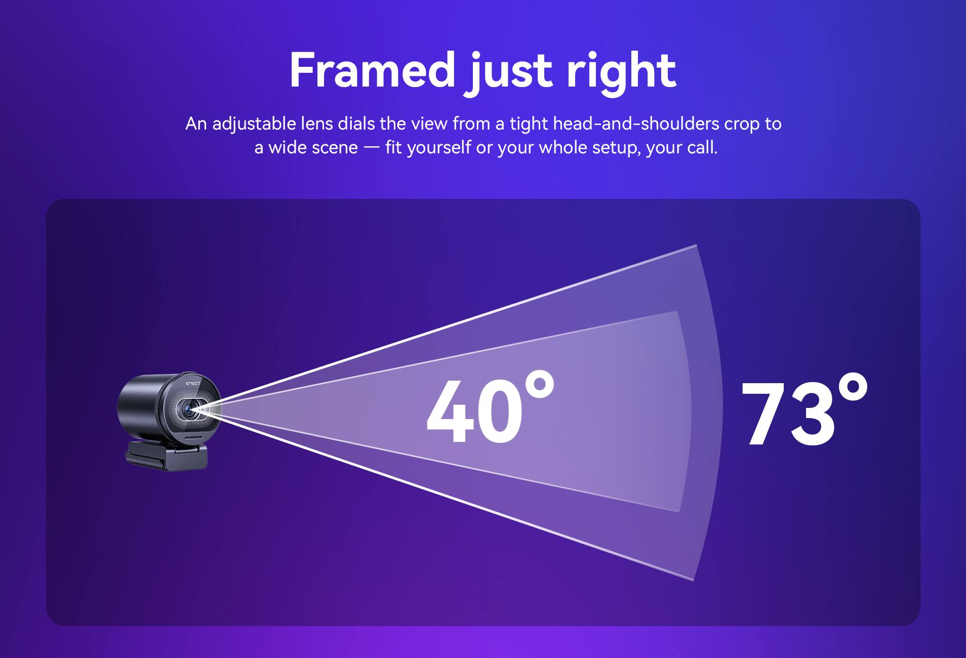 Framed just right

An adjustable lens dials the view from a tight head-and-shoulders crop to a wide scene — fit yourself or your whole setup, your call.

40°
73°