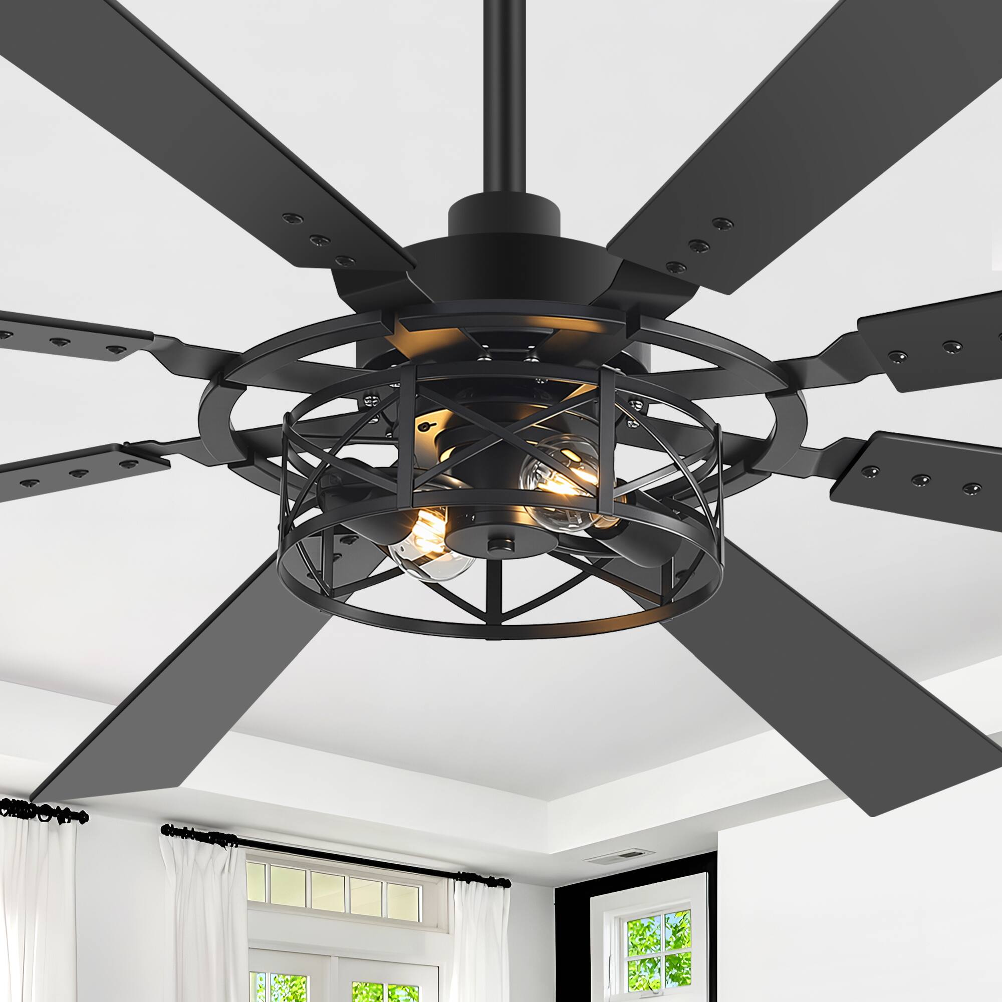 Back. Breezary - 65-Inch Traditional Ceiling Fan with Dual Bulb Light Kit, 8 Reversible Blades, DC Motor, 6 Speeds, Remote & Timer - Black and Walnut.