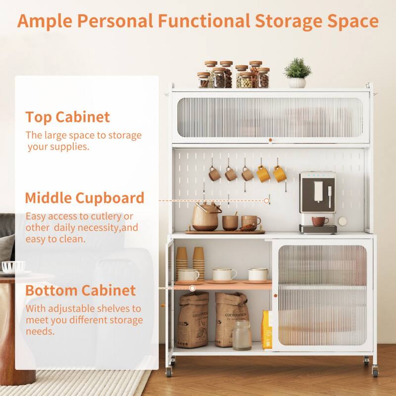 Ample Personal Functional Storage Space

Top Cabinet
The large space to storage your supplies.

Middle Cupboard
Easy access to cutlery or other daily necessity, and easy to clean.

Bottom Cabinet
With adjustable shelves to meet you different storage needs.