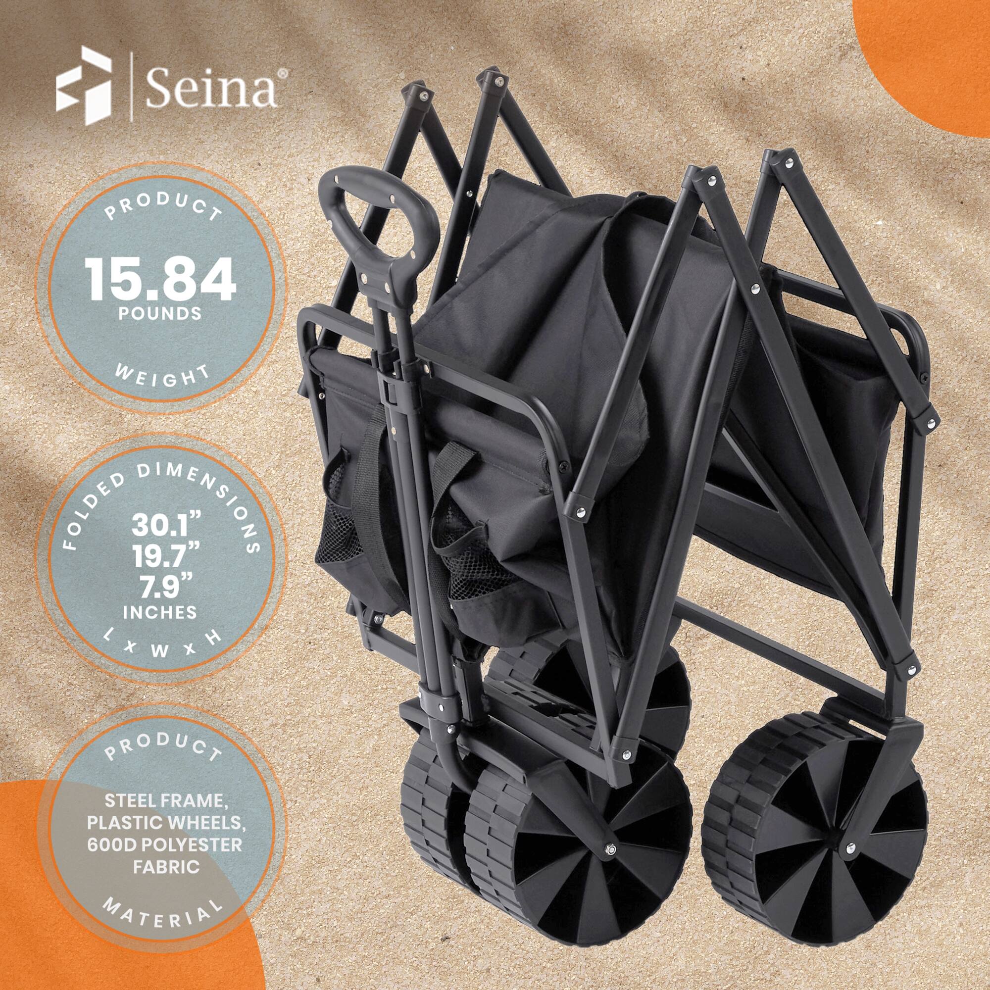 Seina

PRODUCT  
15.84 POUNDS  
WEIGHT  

FOLDED DIMENSIONS  
30.1" 19.7" 7.9"  
INCHES LxWxH  

PRODUCT  
STEEL FRAME,  
PLASTIC WHEELS,  
600D POLYESTER  
FABRIC  
MATERIAL