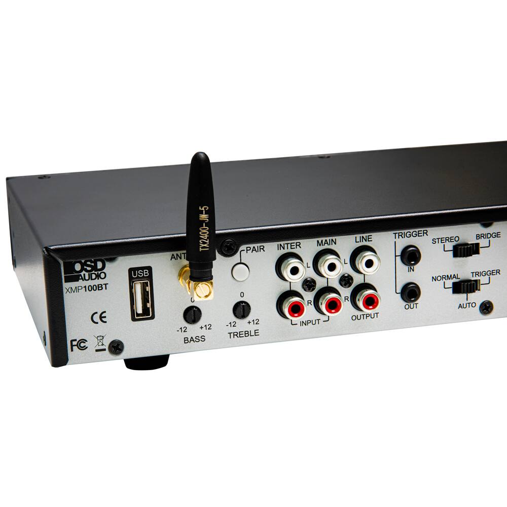 OSD USB AUDIO XMP100BT CE FC

ANT TX2400-JW-5 - PAIR INTER MAIN LINE TRIGGER STEREO BRIDGE

IN NORMAL TRIGGER 0 R R AUTO OUT +12 OUTPUT +12 -12 INPUT -12 BASS TREBLE