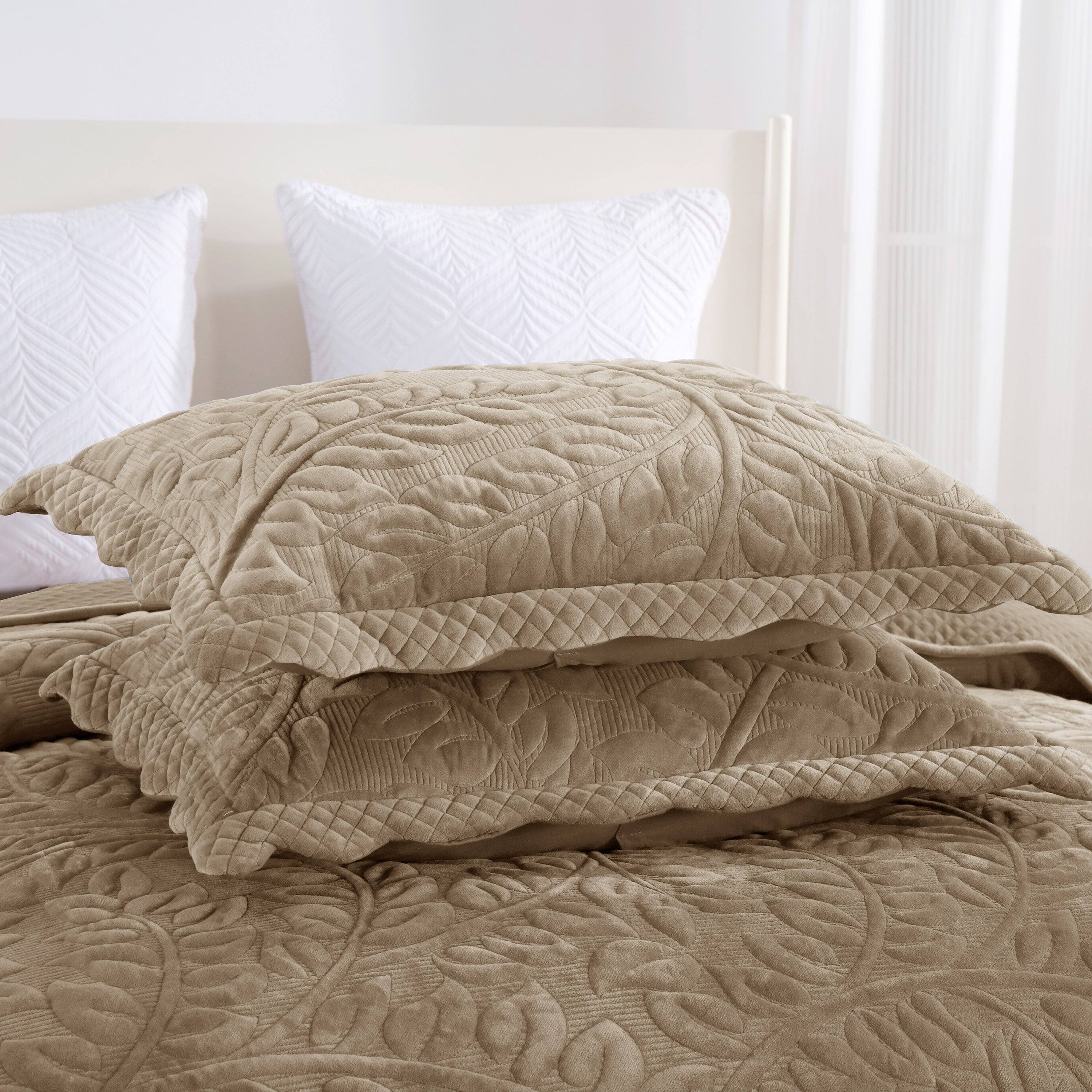 Alt View 1. MarCielo - Marcielo 3Pc Luxury Velvet Oversized Embroidery Soft and Plush Quilt Set - Camel.