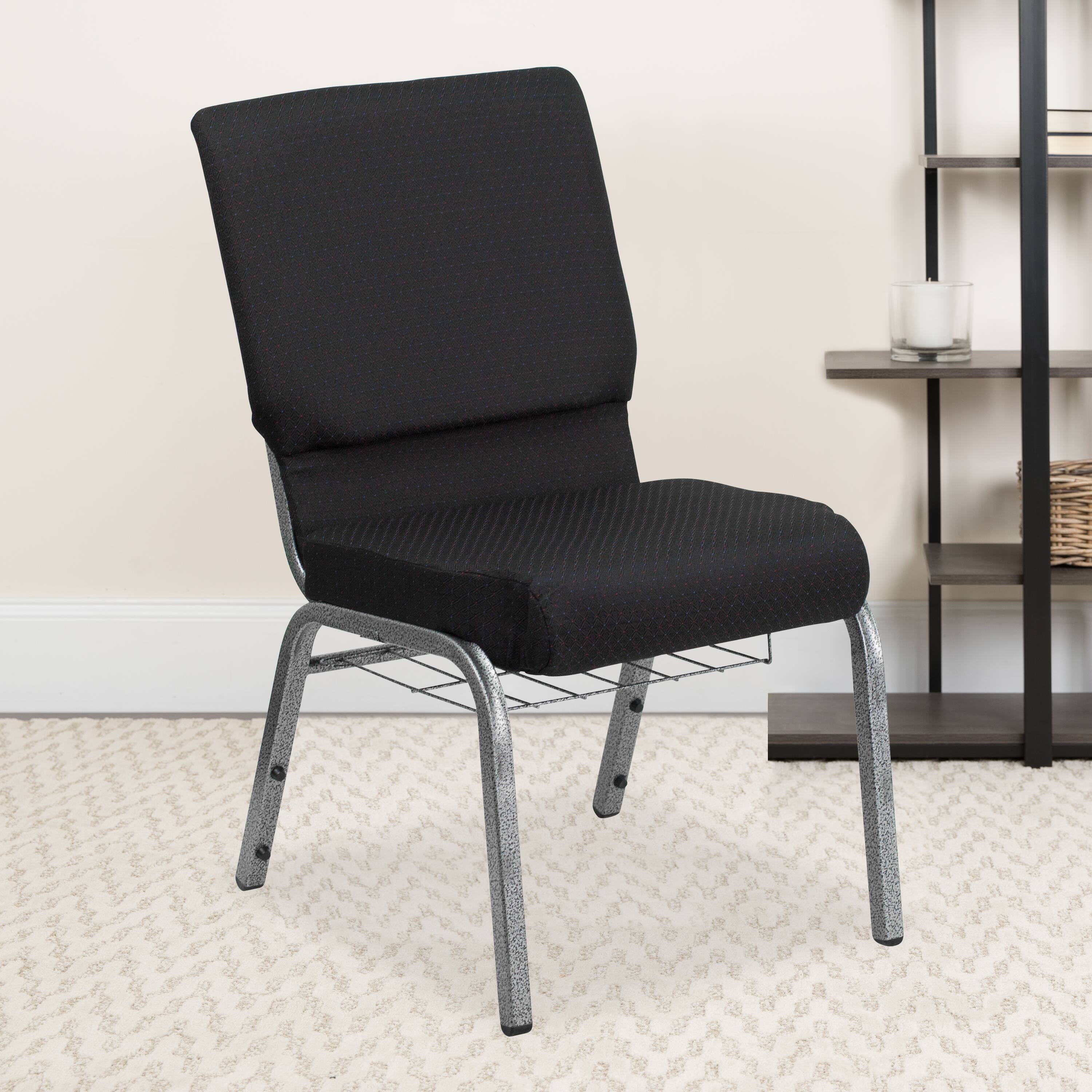Alt View 1. Emma + Oliver - 4 Pack 18.5''W Church Chair with Book Rack - Black Patterned Fabric/Silver Vein Frame.