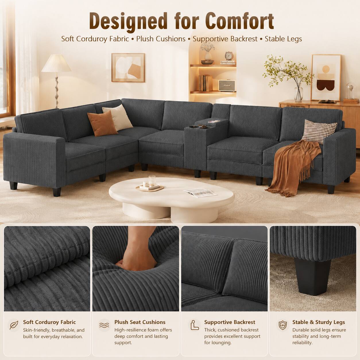 Designed for Comfort

Soft Corduroy Fabric
Skin-friendly, breathable, and built for everyday relaxation.

Plush Cushions
High-resilience foam offers deep comfort and lasting support.

Supportive Backrest
Thick, cushioned backrest provides excellent support for lounging.

Stable & Sturdy Legs
Durable solid legs ensure stability and long-term reliability.