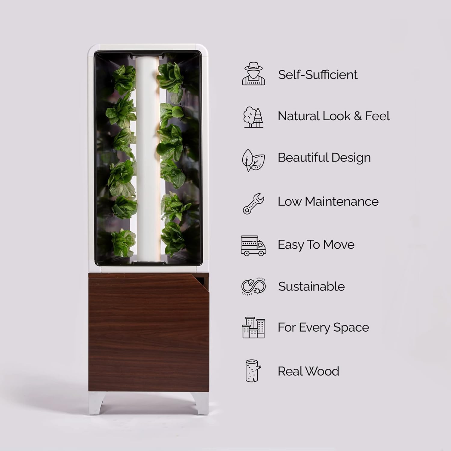 - Self-Sufficient
- Natural Look & Feel
- Beautiful Design
- Low Maintenance
- Easy To Move
- Sustainable
- For Every Space
- Real Wood