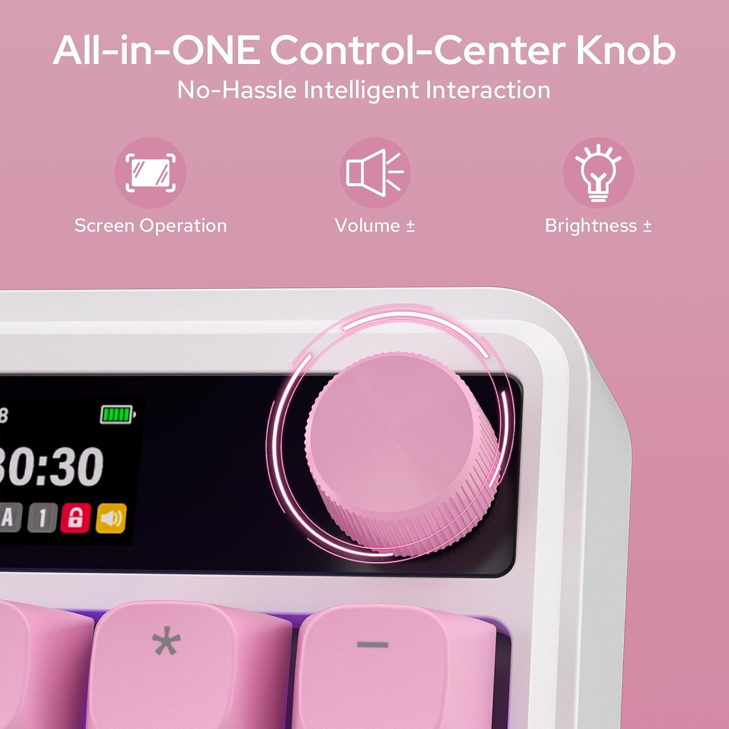 All-in-ONE Control-Center Knob  
No-Hassle Intelligent Interaction  

Screen Operation  
Volume +  
Brightness +  

8 0:30 A 1