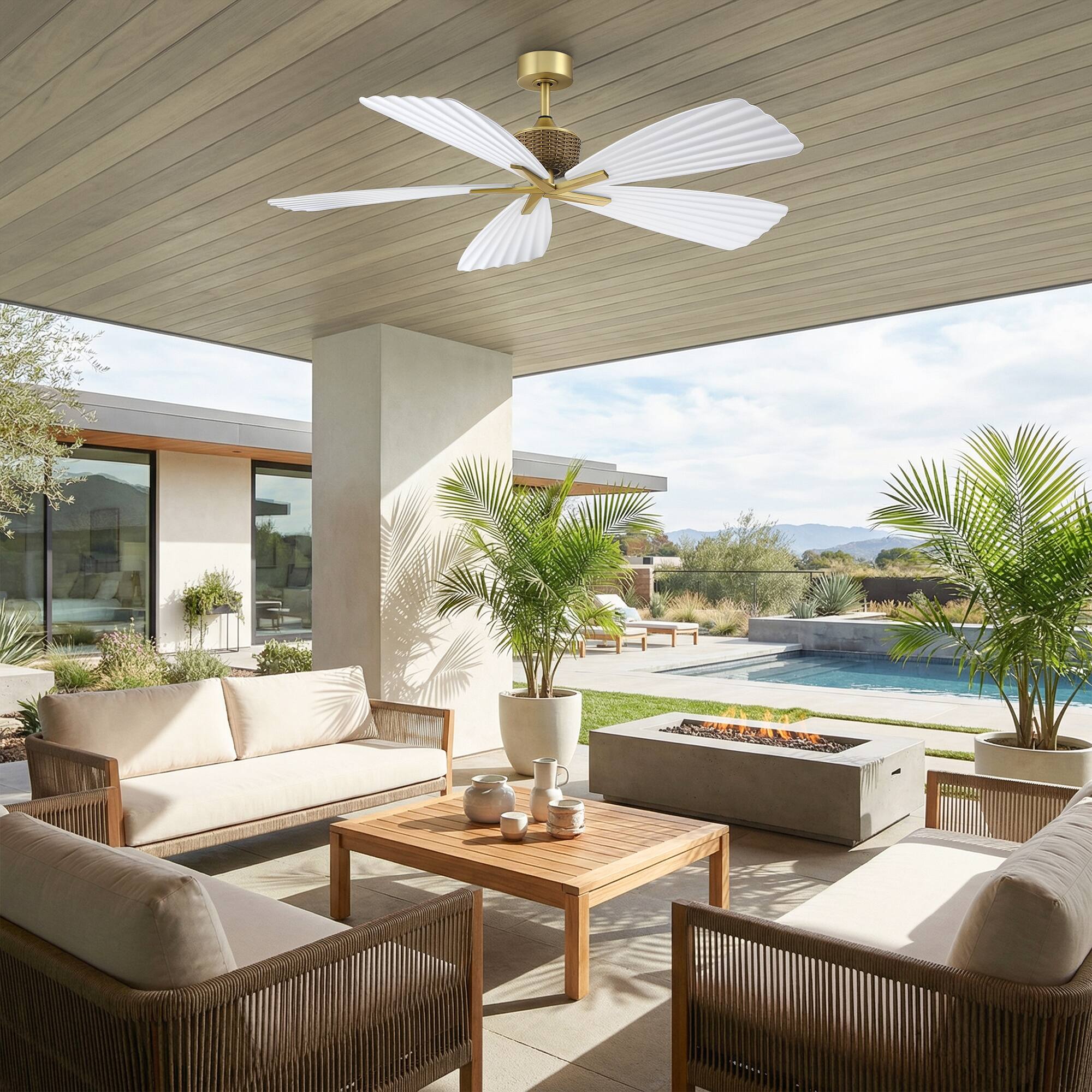 Angle. Parrot Uncle - 56" Tropical White Pleated Leaf 5-Blade Indoor Outdoor Ceiling Fan with Remote, No Light - Gold.