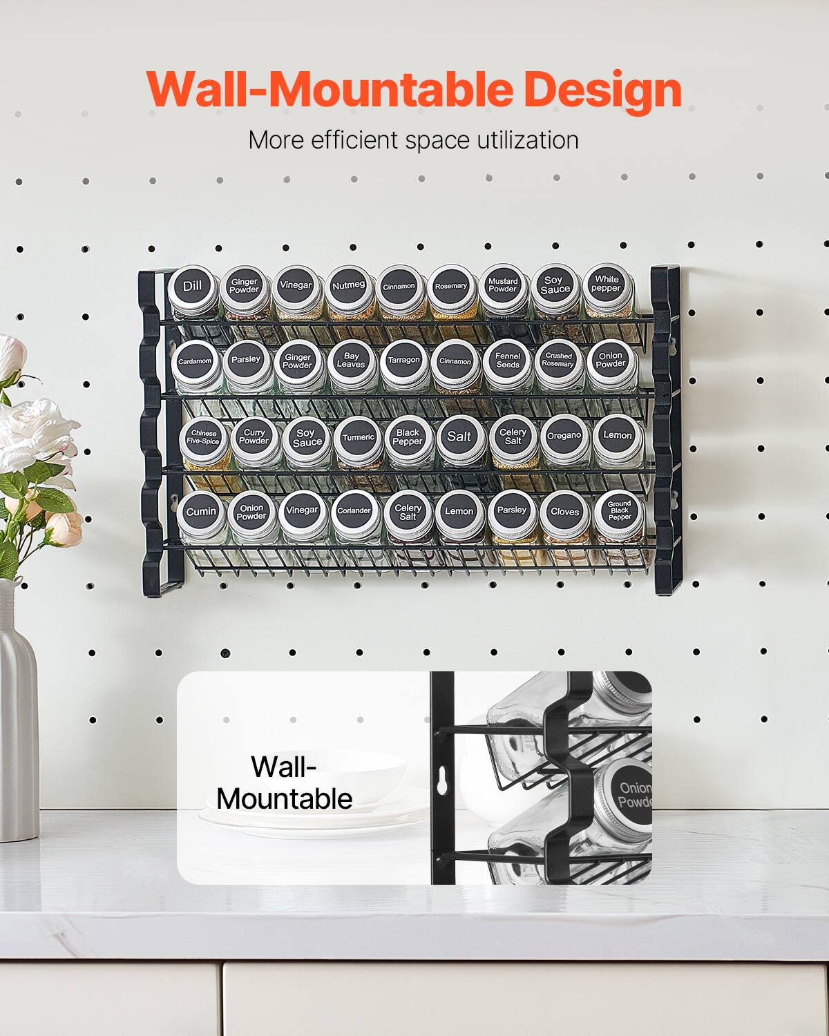 Wall-Mountable Design  
More efficient space utilization  

Dill  
Ginger Powder  
Vinegar  
Nutmeg  
Cinnamon  
Rosemary  
Mustard Powder  
Soy Sauce  
White Pepper  
Cardamom  
Parsley  
Ginger Powder  
Bay Leaves  
Tarragon  
Cinnamon  
Fennel Seeds  
Crushed Rosemary  
Onion Powder  
Chinese Five-Spice Curry Powder  
Soy Sauce  
Black Turmeric  
Pepper Salt  
Celery Salt  
Oregano  
Lemon  
Cumin  
Onion Powder  
Vinegar  
Coriander  
Celery Salt  
Lemon  
Parsley  
Cloves  
Ground Black Pepper  

Wall-Mountable