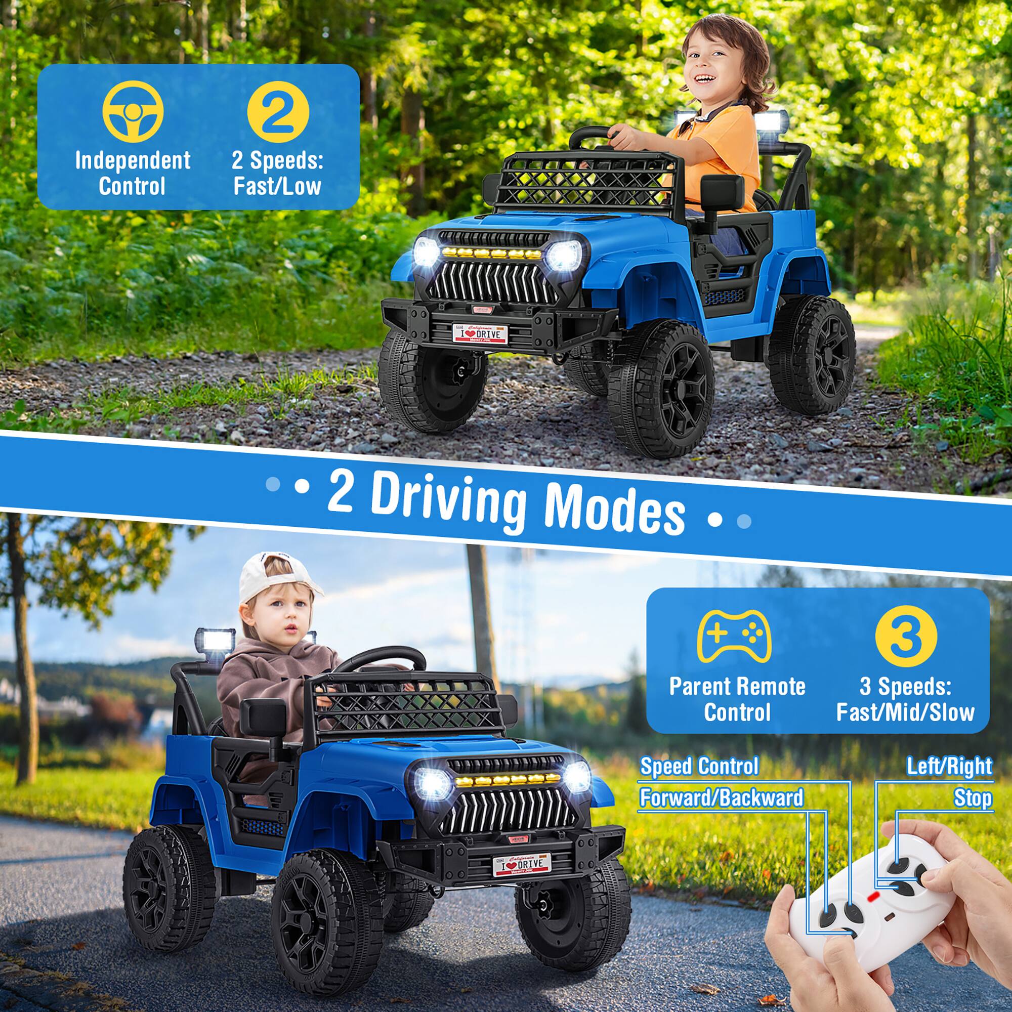 - Independent Control
- 2 Speeds: Fast/Low
- 2 Driving Modes
- Parent Remote Control
- 3 Speeds: Fast/Mid/Slow
- Speed Control Forward/Backward
- Left/Right Stop