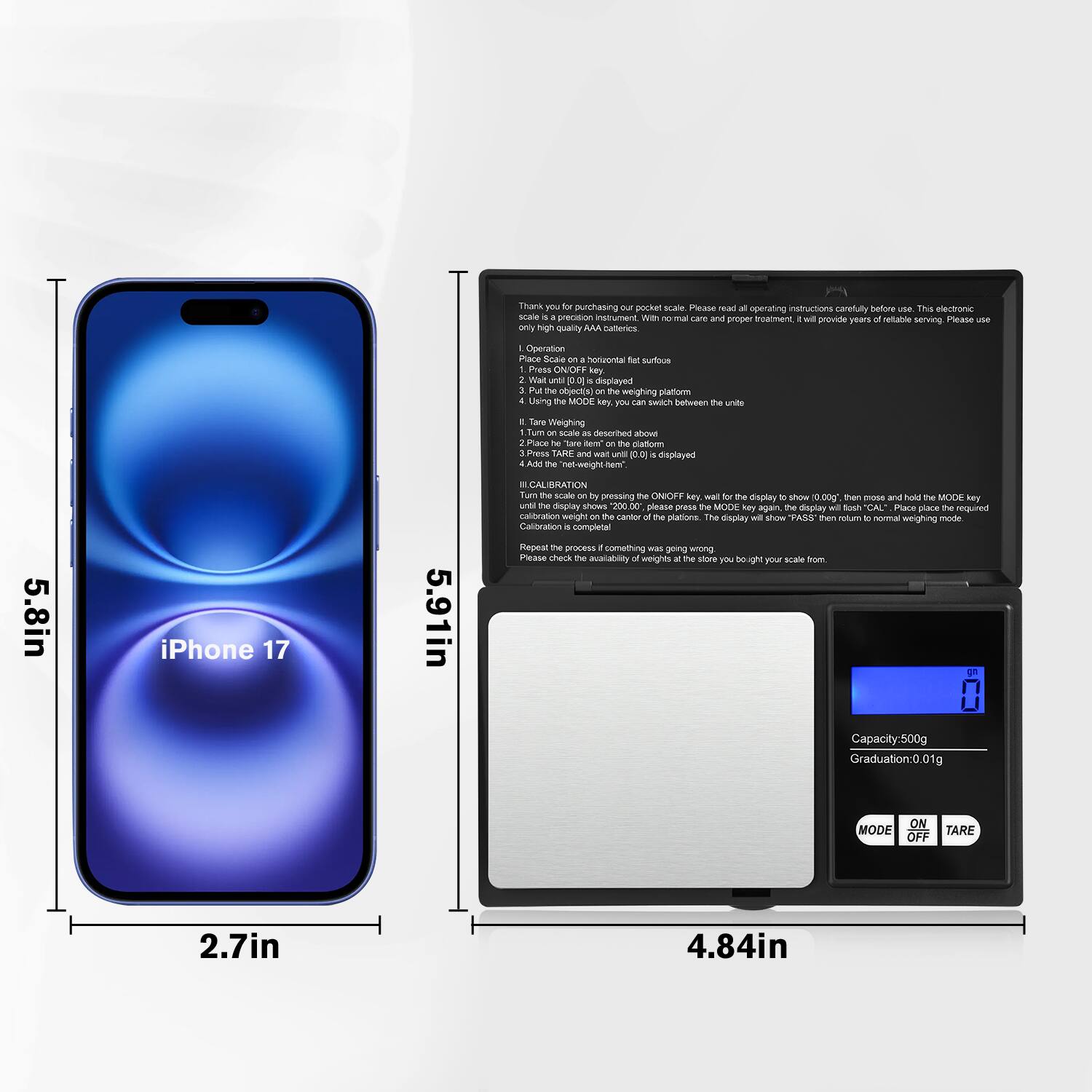 Thank you for purchasing our pocket scale. Please read all operating instructions carefully before use. This electronic scale is a precision instrument. With proper care and proper treatment, it will provide years of reliable service. Please use only high-quality AAA batteries.

Operation:
1. Place the scale on a horizontal flat surface.
2. Press the ON/OFF key. The unit (g) is displayed.
3. Place the object on the weighing platform.
4. Use the MODE key to switch between the units (g, oz, lb).
5. Tare: Turn the scale on, press the TARE key, and place the object on the platform. The display will show "0.0g" and then return to normal weighing mode.

Weighing:
1. Turn the scale on.
2. Place the object on the weighing platform.
3. Use the MODE key to switch between the units as described above.
4. The net weight and total weight will be displayed.

CALIBRATION:
1. Press the ON/OFF key for 3 seconds until the display shows "0.0g".
2. Press the MODE key until the display shows "200.0g".
3. Place the required calibration weight on the center of the platform. The display