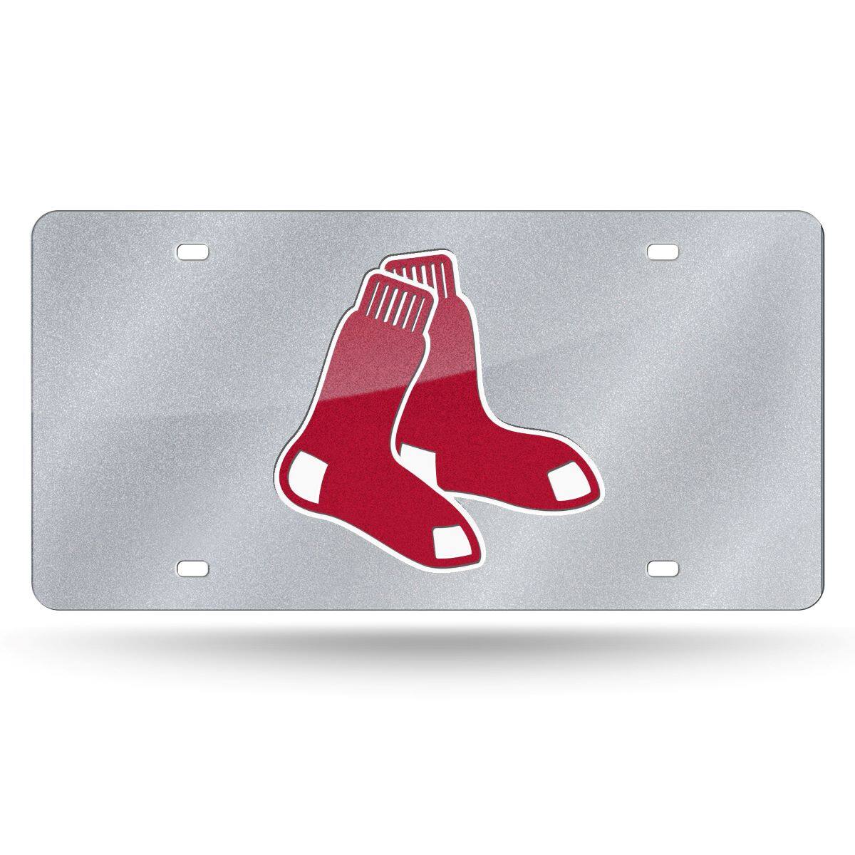 Front. Rico Industries - Boston Baseball Red Sox MLB Silver Glitter Look 12x6 LASER License Plate Tag - Multi.