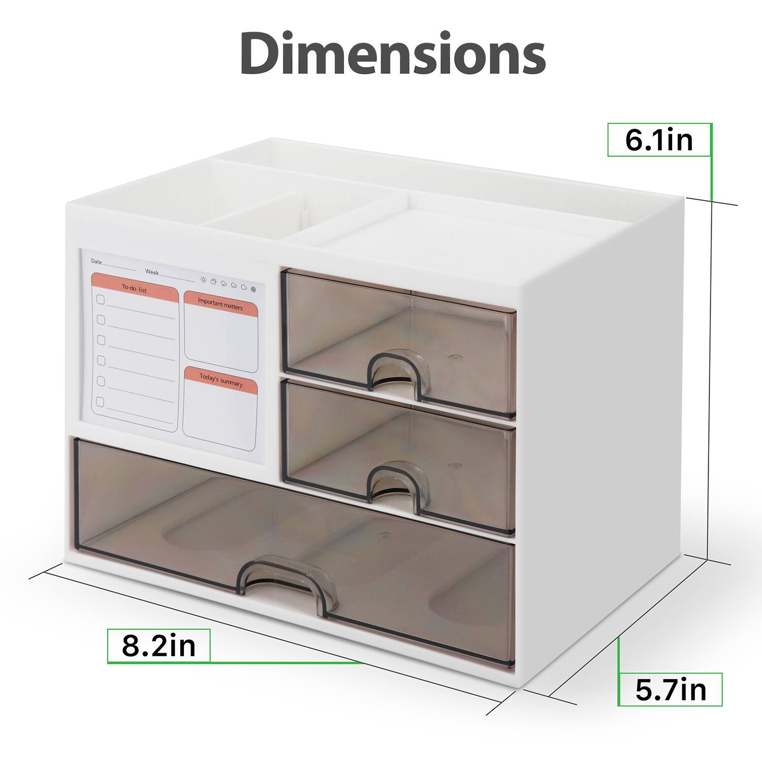 Dimensions:  
- Height: 6.1in  
- Width: 8.2in  
- Depth: 5.7in