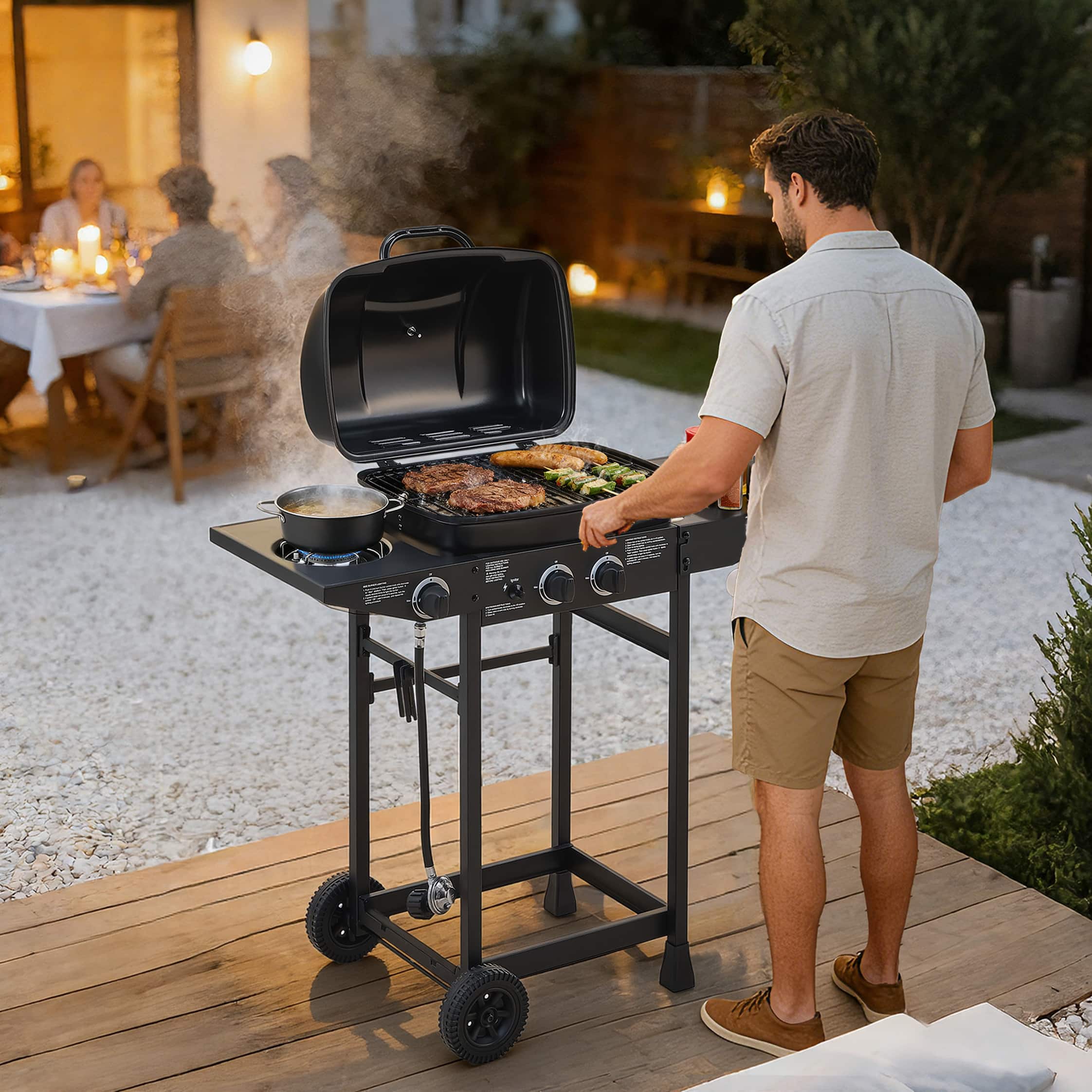 Anysun - 2-Burner Propane Gas Grill with Side Burner, Enameled Grates and Side Tables, 24,000 BTU Output - Black