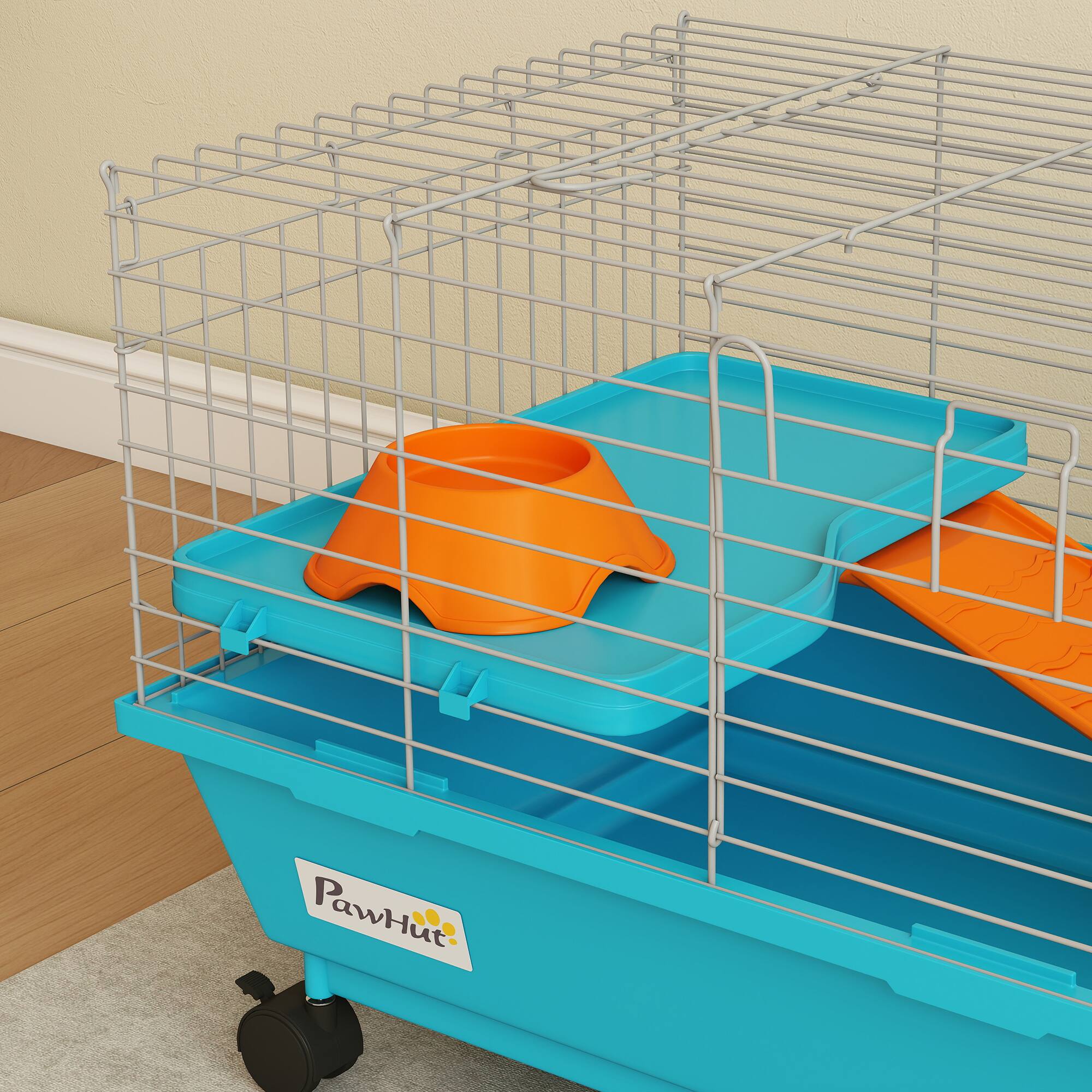 Alt View 8. Pawhut - Small Animal Cage, Rolling Bunny Cage, Guinea Pig Cage with Wheels, Food Dish, Water Bottle - Blue.