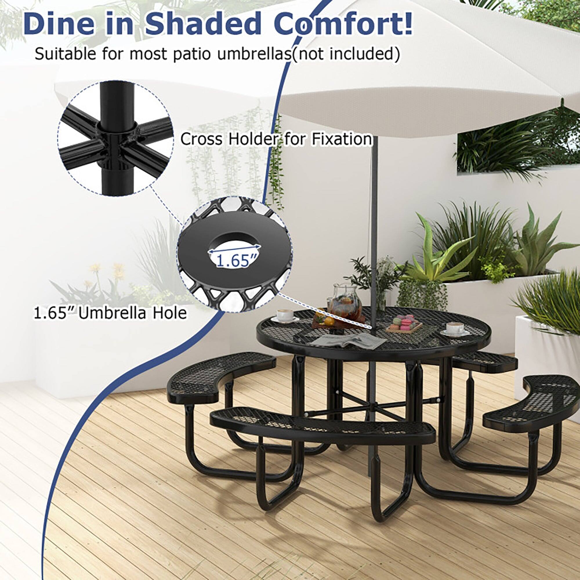 Dine in Shaded Comfort!  
Suitable for most patio umbrellas (not included)  
Cross Holder for Fixation  
1.65" Umbrella Hole