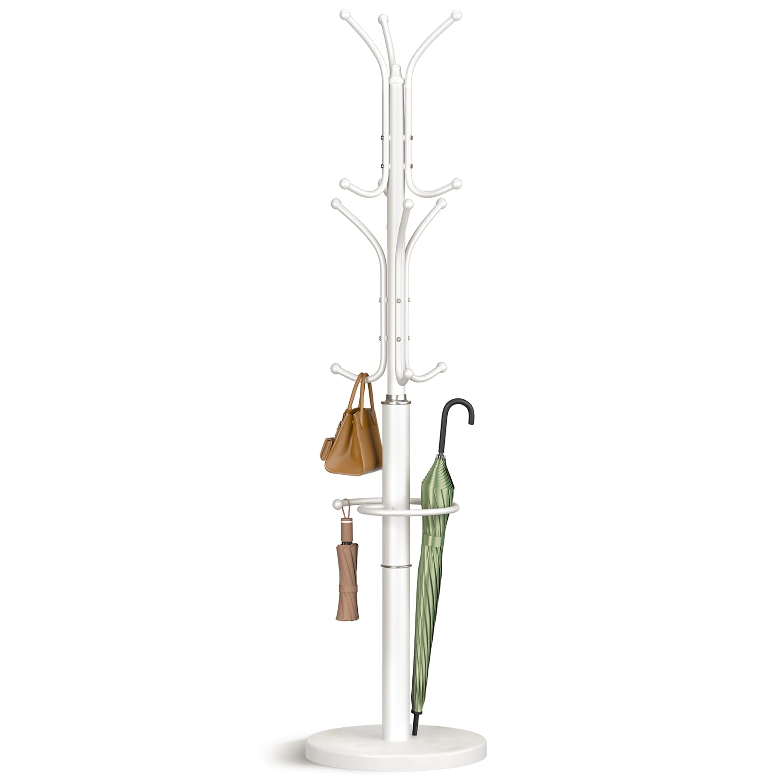 Hirose Alice - Metal Coat Rack Freestanding With Marble Base Tree 12 Hooks & Umbrella Holder Hanger Stand For Corner - White