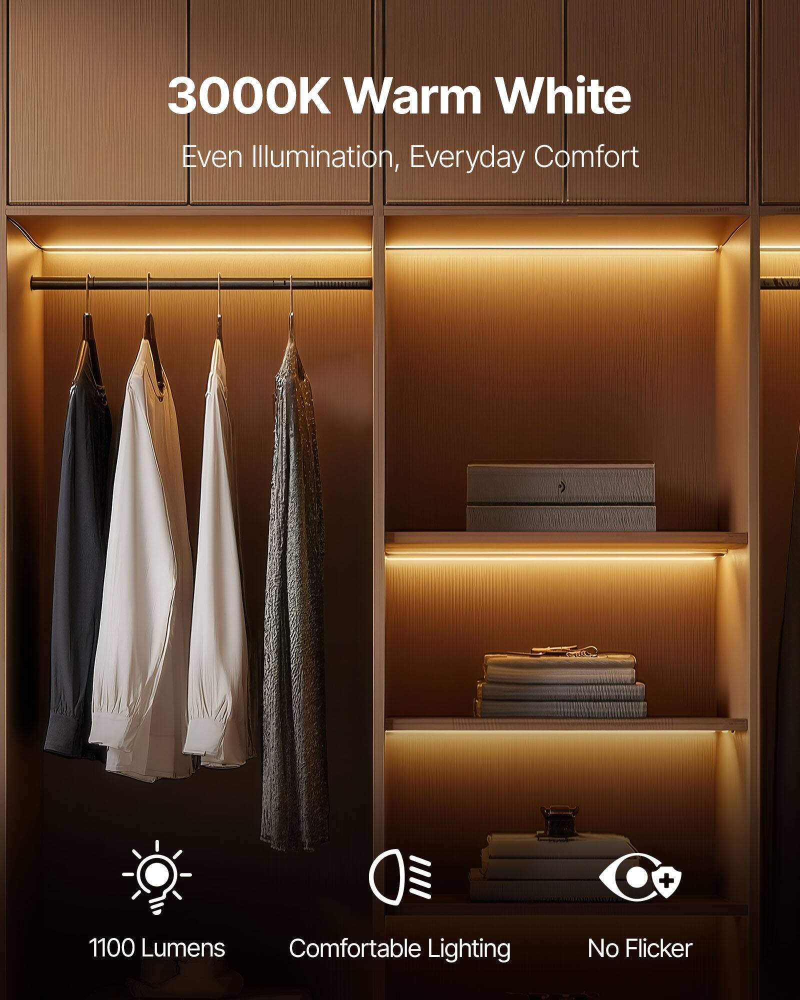 3000K Warm White  
Even Illumination, Everyday Comfort  

1100 Lumens  
Comfortable Lighting  
No Flicker