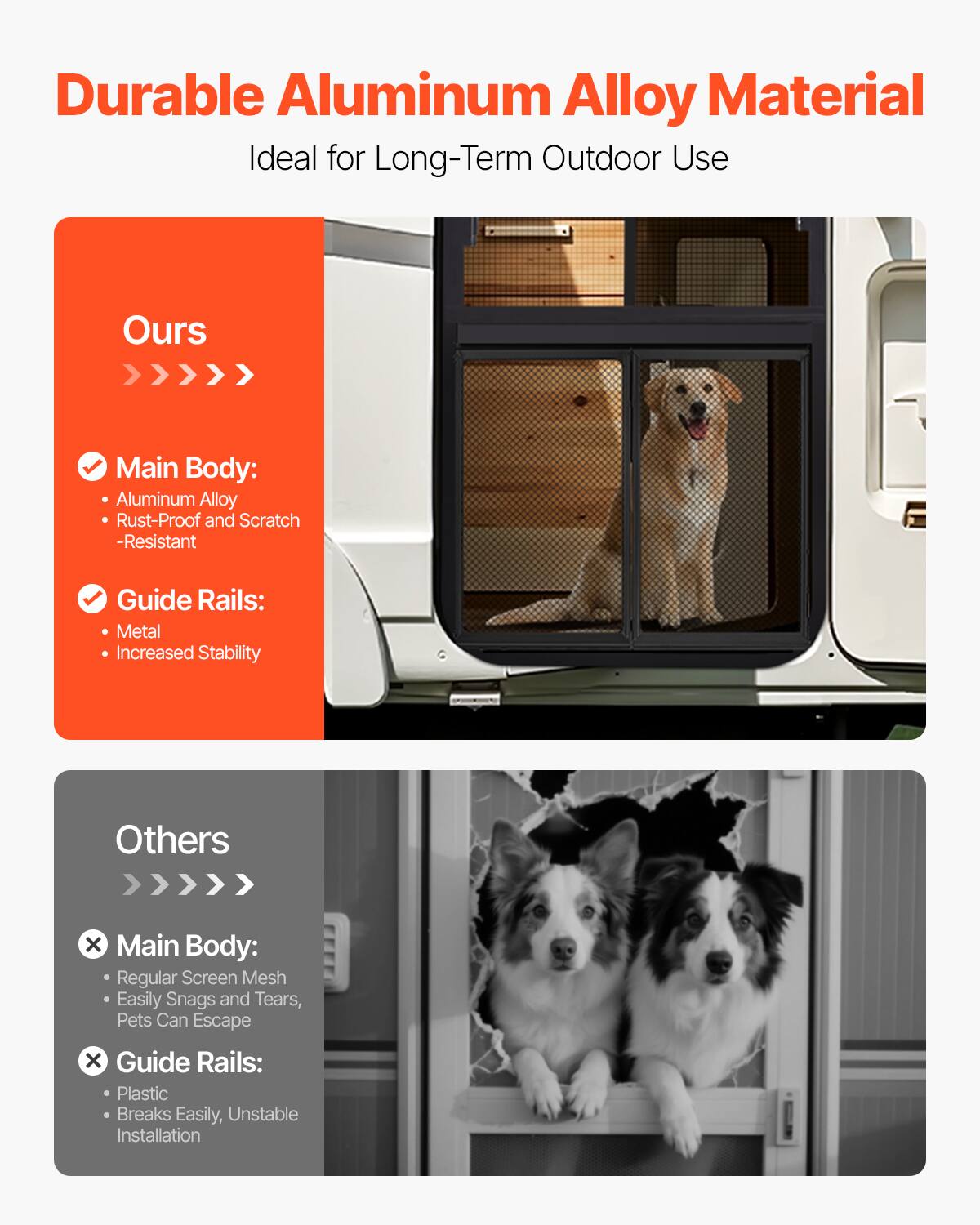 Durable Aluminum Alloy Material  
Ideal for Long-Term Outdoor Use  

Ours  
Main Body:  
- Aluminum Alloy  
- Rust-Proof and Scratch-Resistant  

Guide Rails:  
- Metal  
- Increased Stability  

Others  
Main Body:  
- Regular Screen Mesh  
- Easily Snags and Tears, Pets Can Escape  

Guide Rails:  
- Plastic  
- Breaks Easily, Unstable Installation