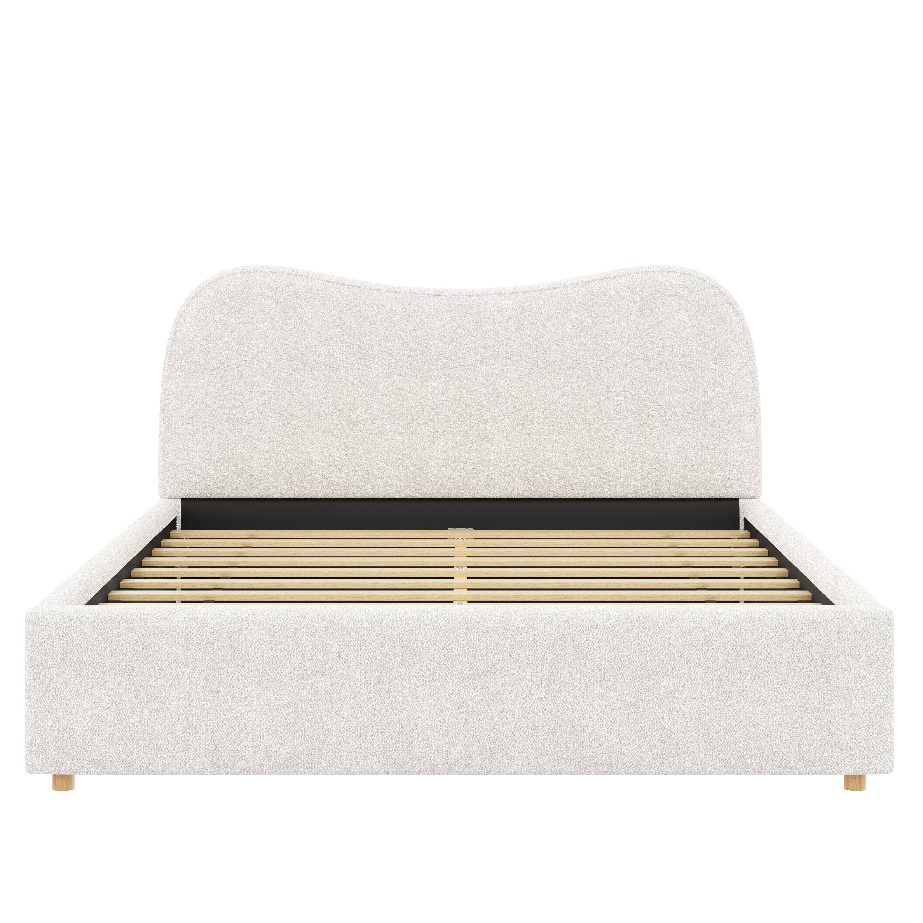 Back. Whisen - Queen Size Bouclé Upholstered Platform Bed Frame with Wooden Slats for Modern Bedroom - White.