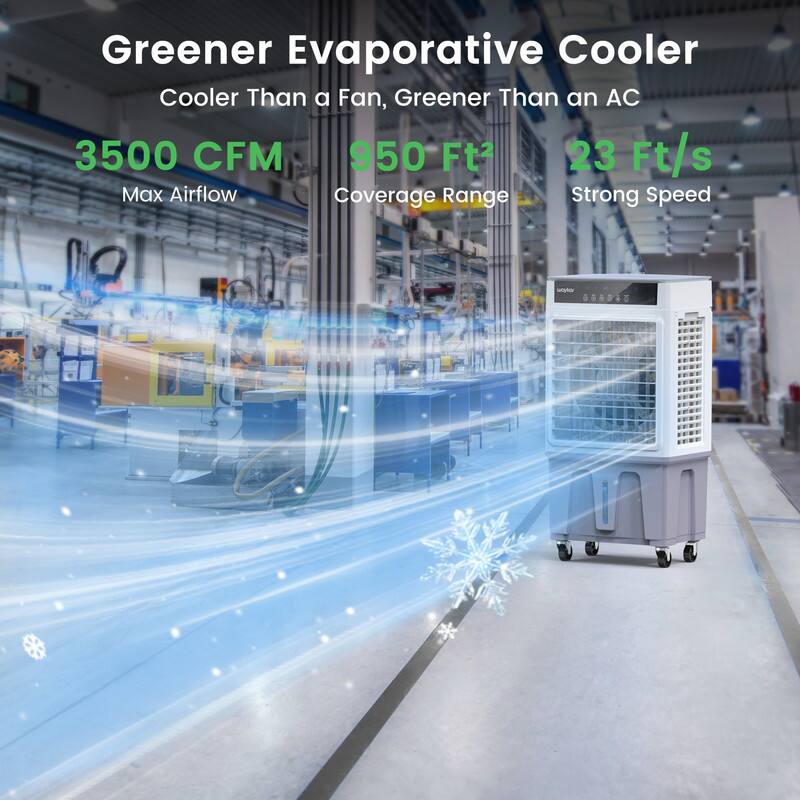 Greener Evaporative Cooler  
Cooler Than a Fan, Greener Than an AC  

3500 CFM  
Max Airflow  

950 Ft²  
Coverage Range  

23 Ft/s  
Strong Speed