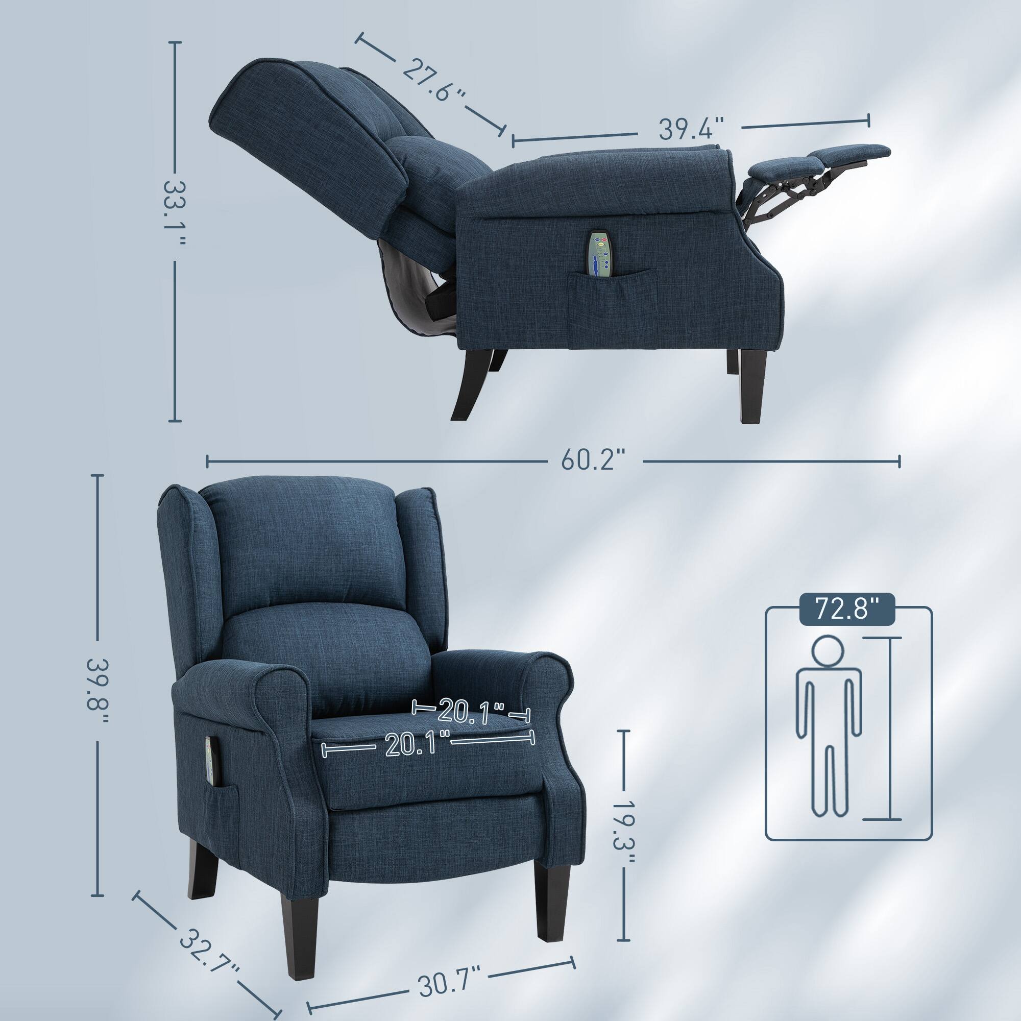 - Height: 33.1"
- Depth (reclined): 27.6"
- Width: 60.2"
- Armrest Height: 39.4"
- Seat Height: 19.3"
- Seat Depth: 20.1"
- Seat Width: 30.7"
- Overall Depth: 39.8"
- Overall Width: 32.7"
- Height of a person: 72.8"