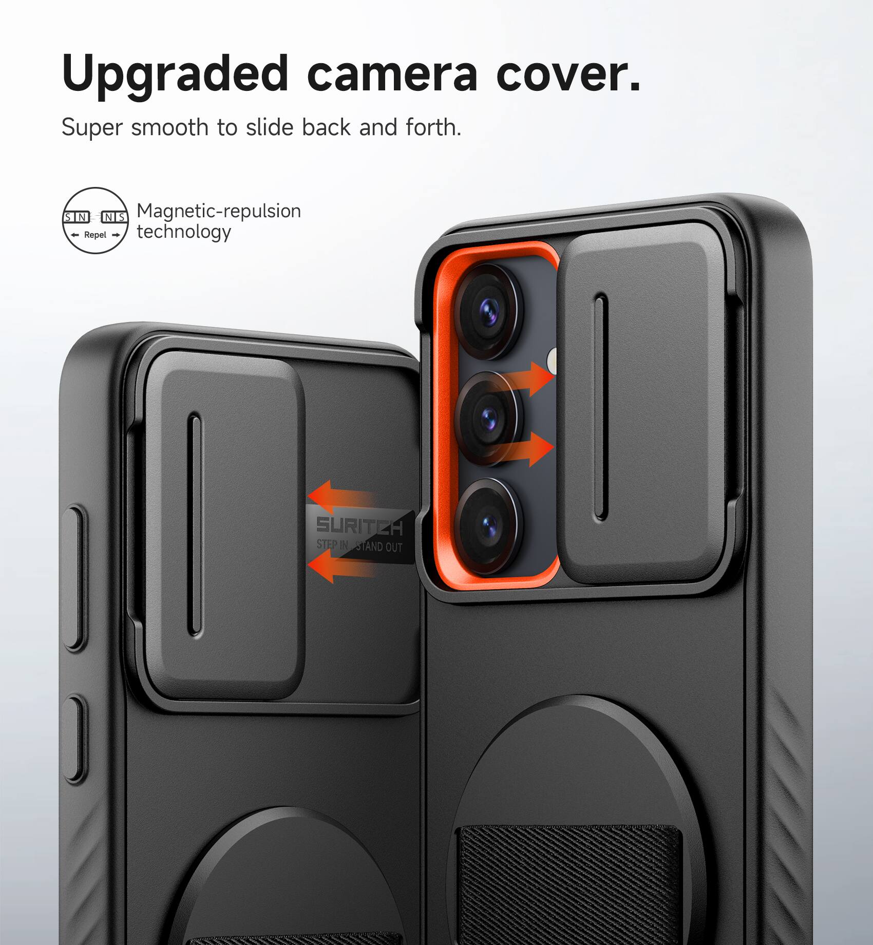 Upgraded camera cover. Super smooth to slide back and forth. Magnetic-repulsion - Repel technology. SURITZA STEP IN STAND OUT