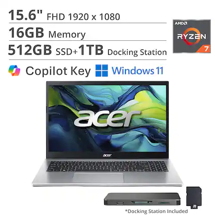 15.6" FHD 1920 x 1080
16GB Memory
512GB SSD + 1TB
AMD Ryzen 7
Docking Station
Copilot Key
Windows 11
*Docking Station Included