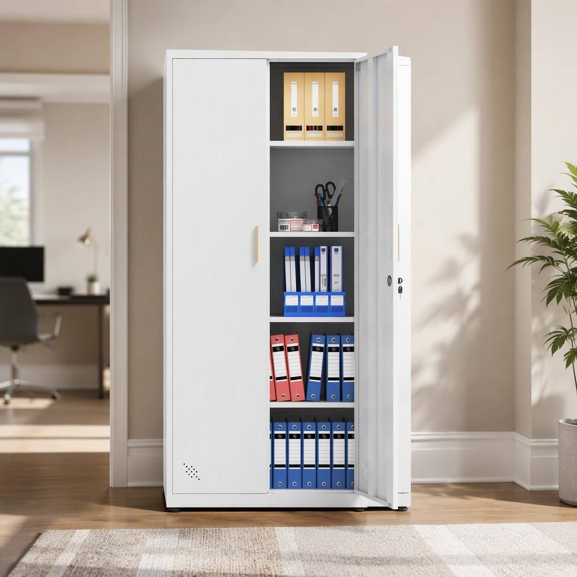 Front. RYHNUYNE - 72 in High Steel Storage Cabinet with 2 Doors and 4 Adjustable Shelves, Lockable Metal Cabinet with 5 Storage Spaces - White.