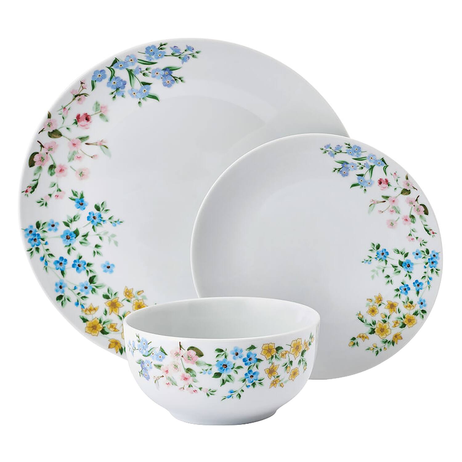 Angle. Studio Nova - 12-Piece Porcelain Dinnerware Set Fiona Floral Pattern - White with Multi Colored Wild Flowers.