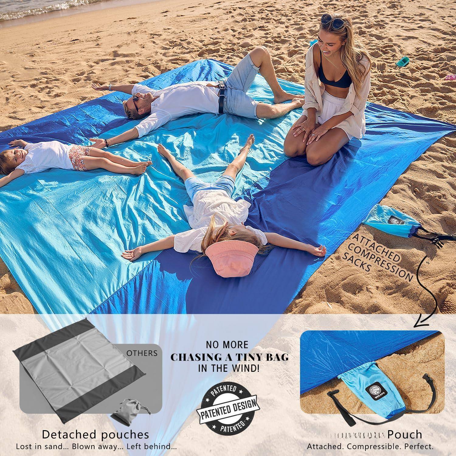 **Attached Compression Sacks**

**No More Chasing a Tiny Bag in the Wind!**

**Detached Pouches**
- Lost in sand...
- Blown away...
- Left behind...

**Attached Pouch**
- Attached.
- Compressible.
- Perfect.

**Patented Design**