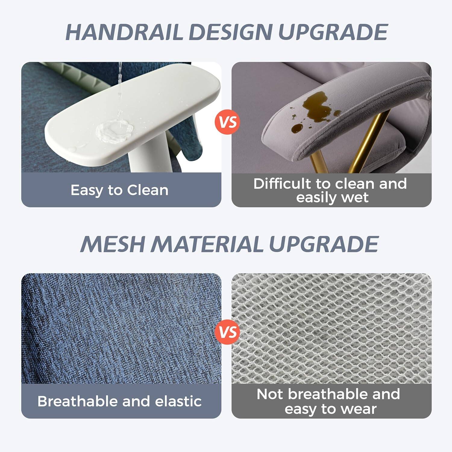 HANDRAIL DESIGN UPGRADE  
Easy to Clean  
VS  
Difficult to clean and easily wet  

MESH MATERIAL UPGRADE  
Breathable and elastic  
VS  
Not breathable and easy to wear