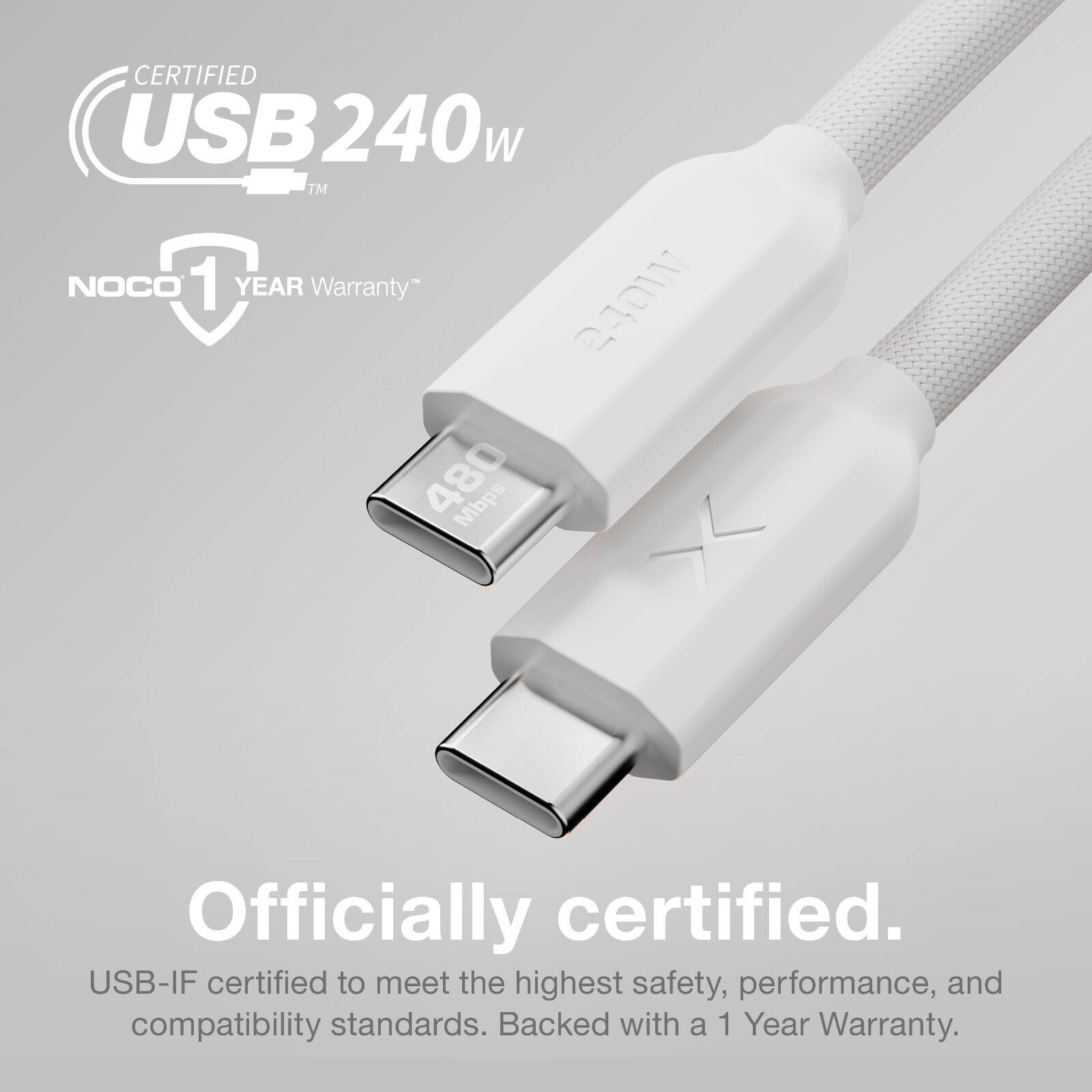 CERTIFIED USB 240w TM NOCO 1 YEAR Warranty" 24017 480 Mbps Officially certified. USB-IF certified to meet the highest safety, performance, and compatibility standards. Backed with a 1 Year Warranty.