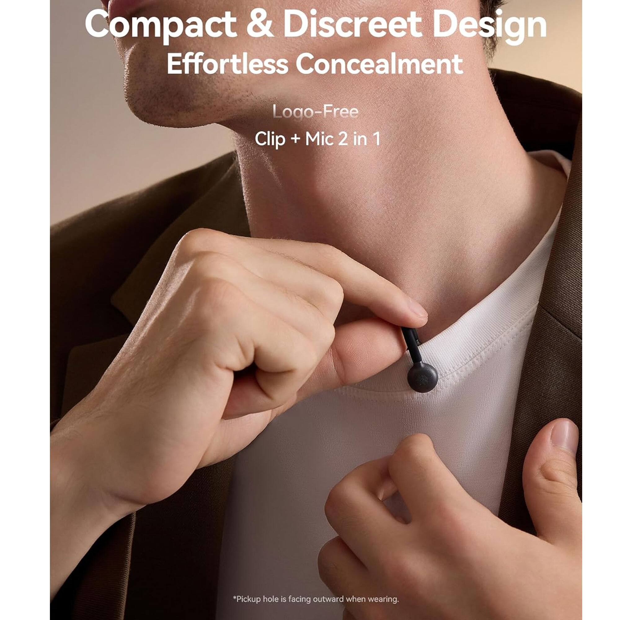 Compact & Discreet Design  
Effortless Concealment  

Logo-Free  
Clip + Mic 2 in 1  

*Pickup hole is facing outward when wearing.