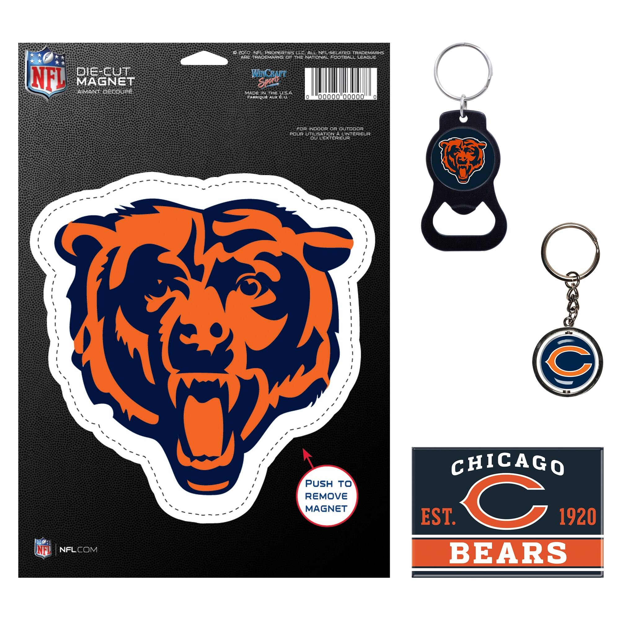 DIE-CUT MAGNET  
AIMANT DÉCOUPÉ  

PUSH TO REMOVE MAGNET  

CHICAGO  
EST. 1920  
BEARS  

NFL  
NFL.COM  

WinCraft  
SPORTS  
MADE IN THE USA  

PUSH TO REMOVE MAGNET  

NFL  
NFL.COM