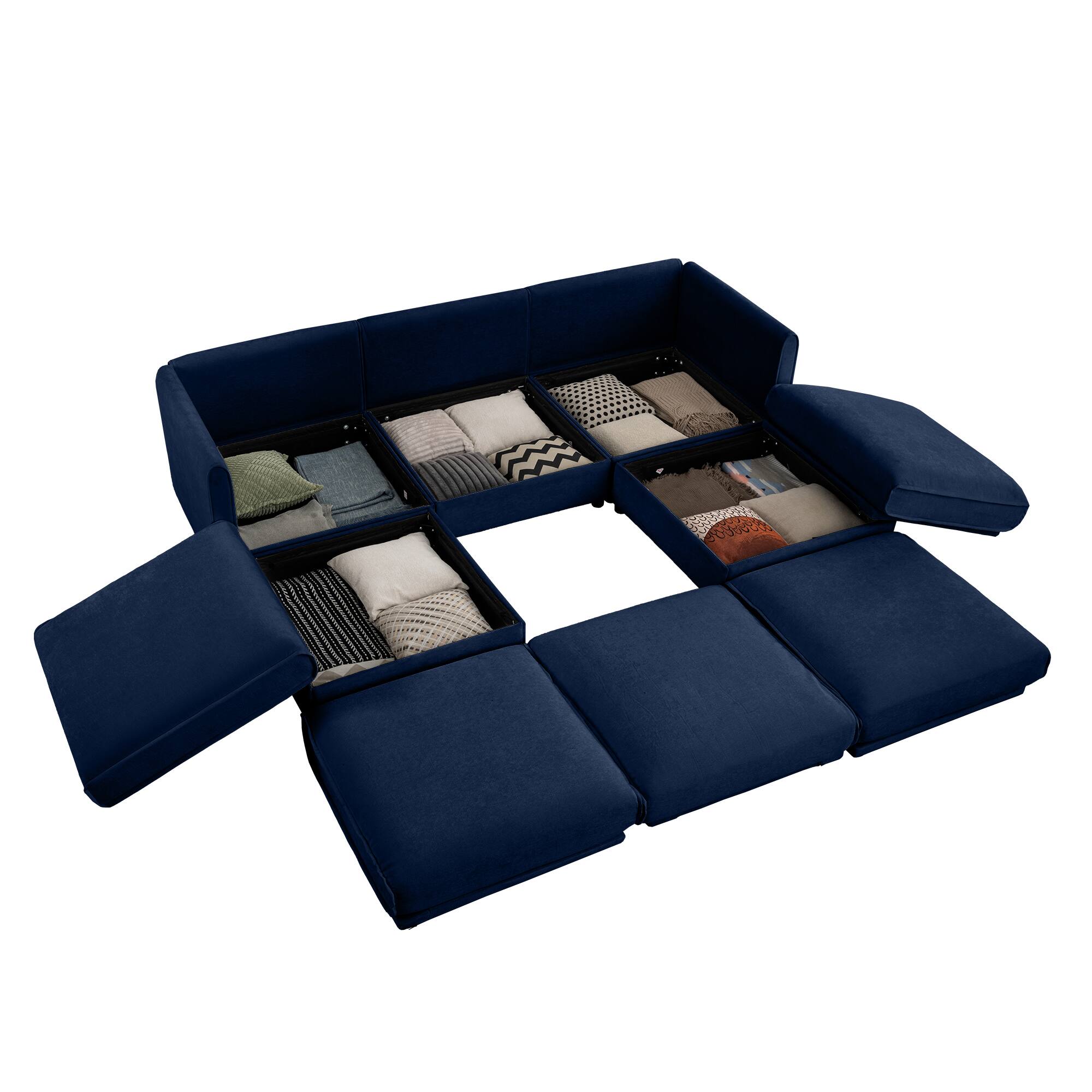 Left. Anysun - Chenille U-Shape 3-Seater Sofa with Ottoman & Hidden Storage - Cylindrical Backrest & Armrests, Contemporary - Blue.