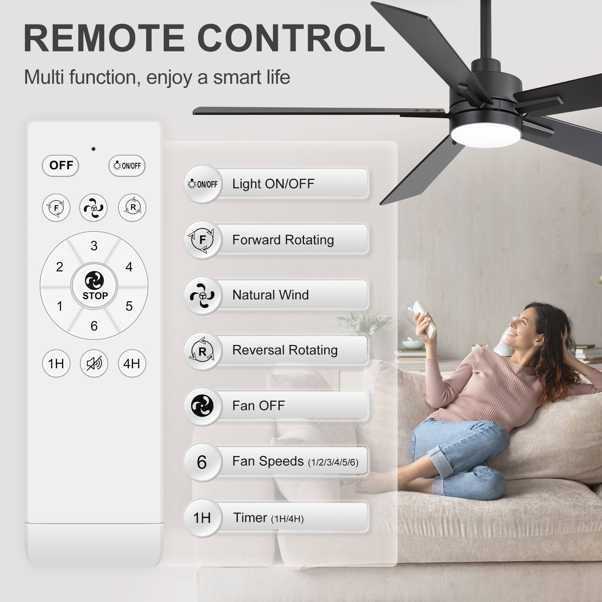 REMOTE CONTROL  
Multi function, enjoy a smart life  

- OFF  
- ON/OFF  
- Light ON/OFF  
- Forward Rotating  
- Natural Wind  
- Reversal Rotating  
- Fan OFF  
- Fan Speeds (1/2/3/4/5/6)  
- Timer (1H/4H)  

1H  
4H  

F  
R  
STOP