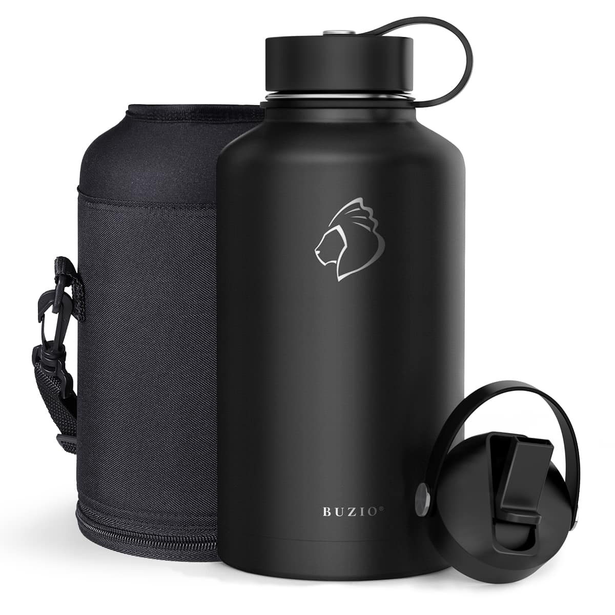 Front. Buzio - Duet Series - 64oz Insulated Water Bottle with Straw Lid and Flex Lid & Carrying Sleeve - Black.