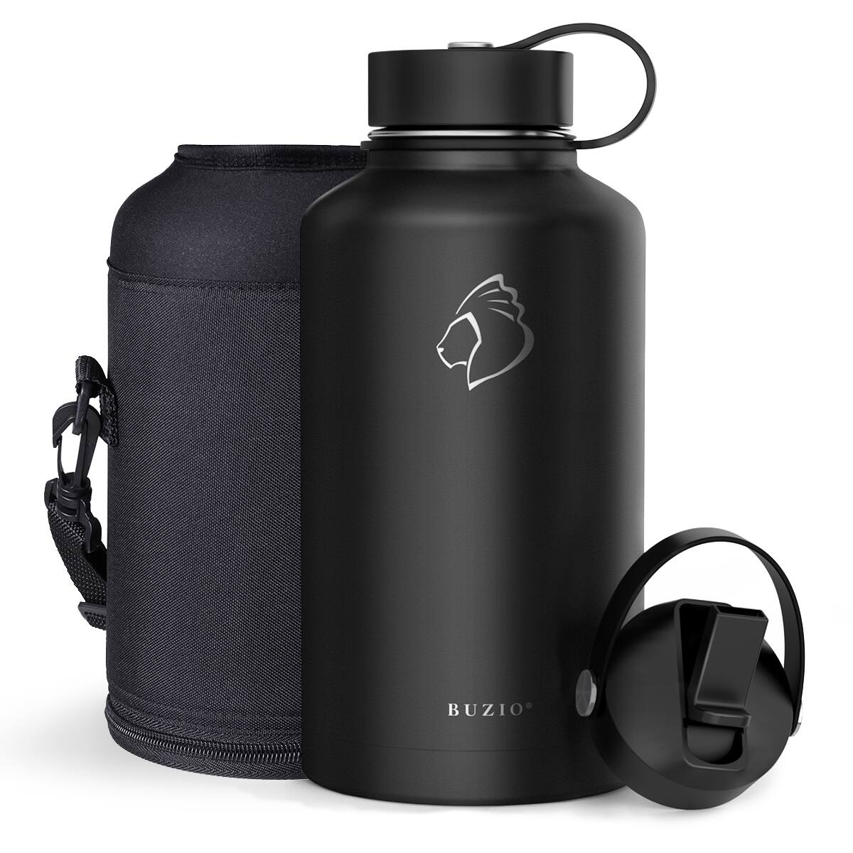 Buzio - Duet Series - 64oz Insulated Water Bottle with Straw Lid and Flex Lid & Carrying Sleeve - Black