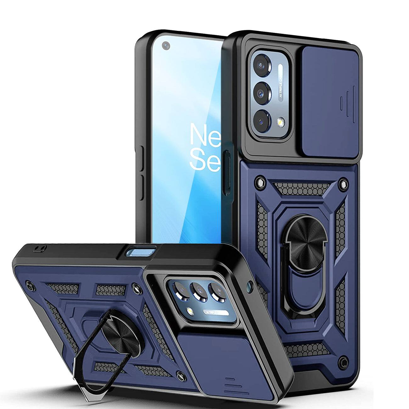 Front. Reiko - Kickstand Ring Holder & Slide Camera Cover Magnetic Car Mount For Oneplus Nord N200 5G In Blue - Blue.